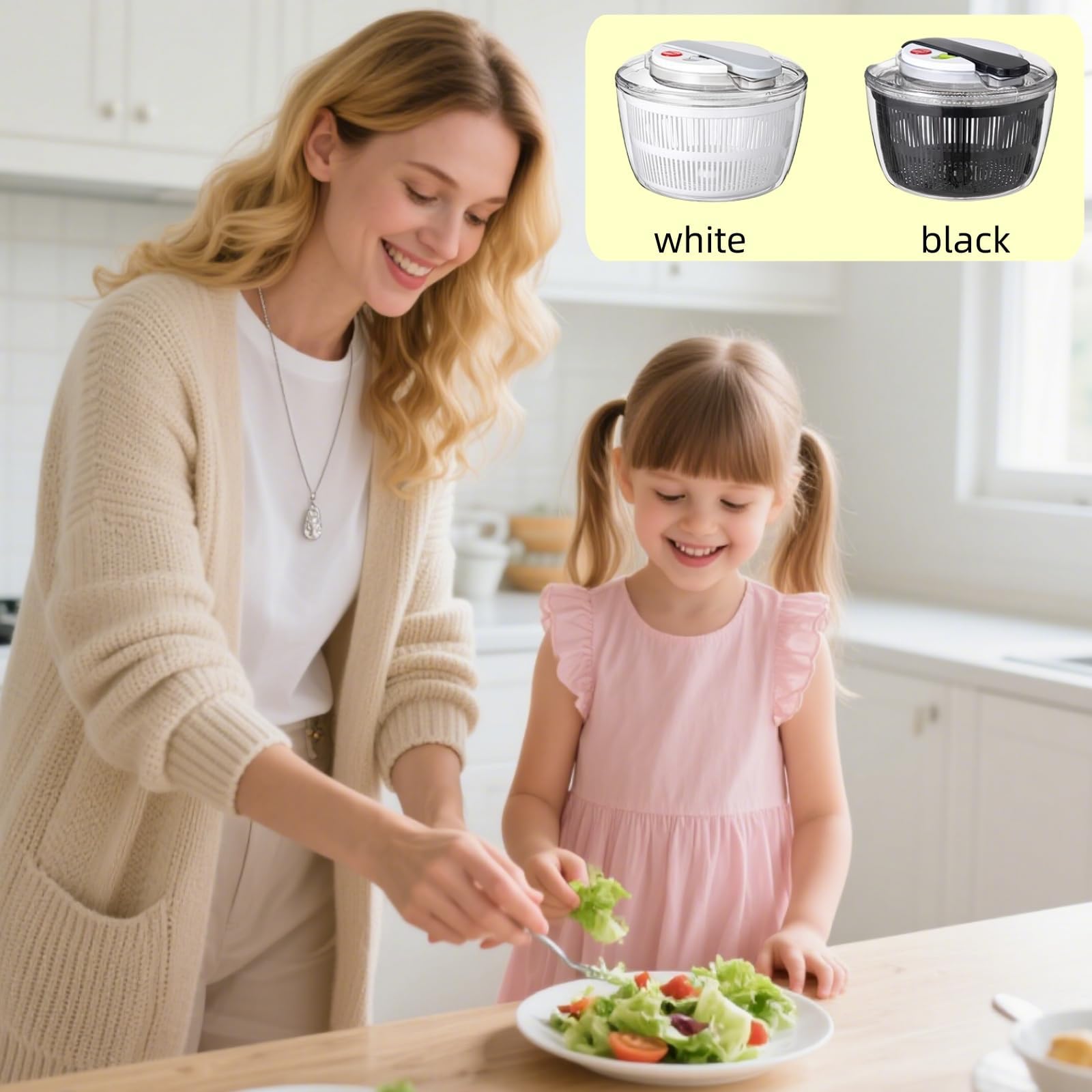 Salatschleuder und Tosser mit Druckknopf – auslaufsicherer Doppelkorb für frisches Grün, Salat, Beeren, Kräuter – einfaches Drehen und Werfen für schnelles Trocknen – lebensmittelechter Mixer und