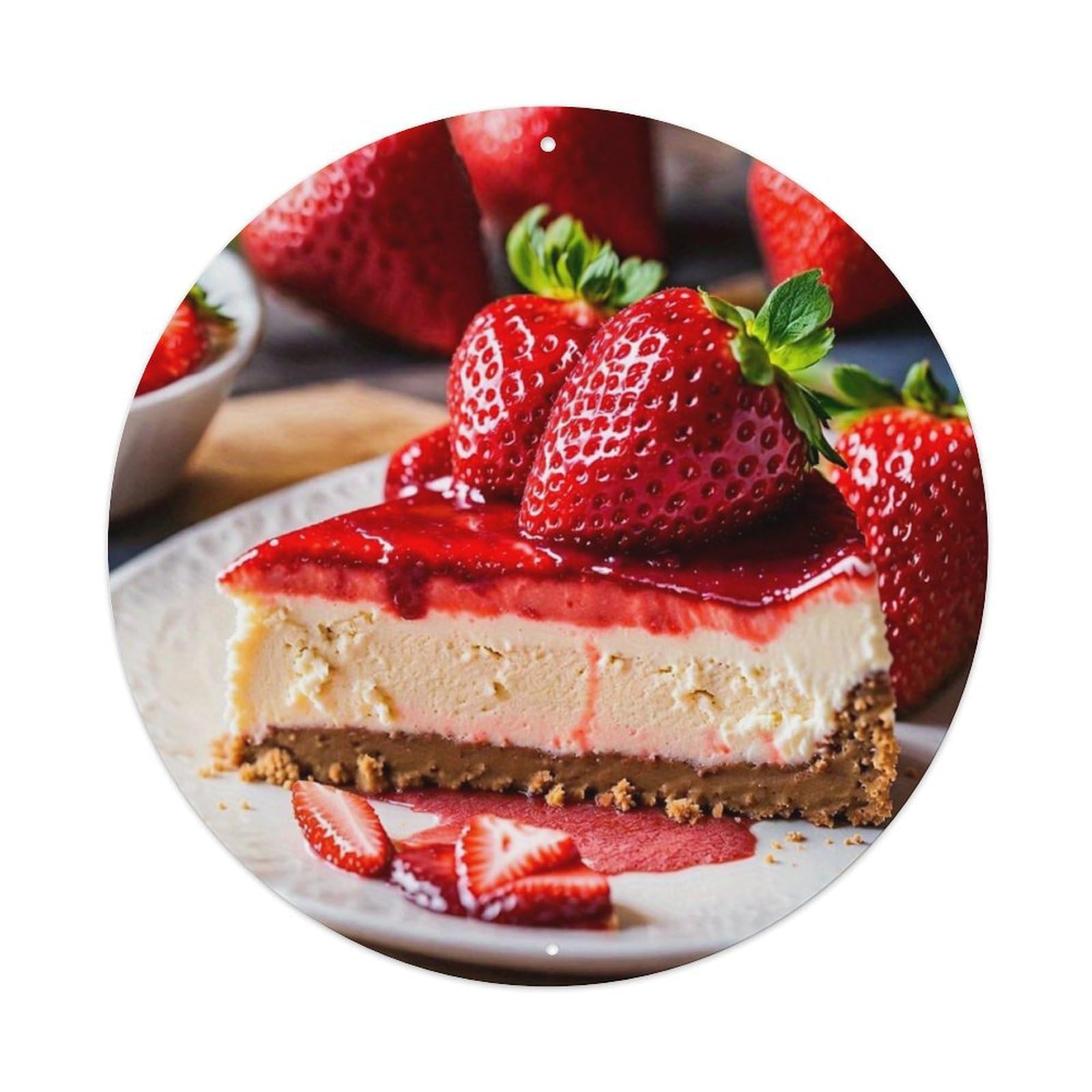 Strawberry Cheesecake Slice Pattern Vintage Metal Tin Sign Retro Wall Decor for Home Bar Garage Cafe, Indoor & Outdoor Decorative，circle Metal Poster, 8x8 Inch