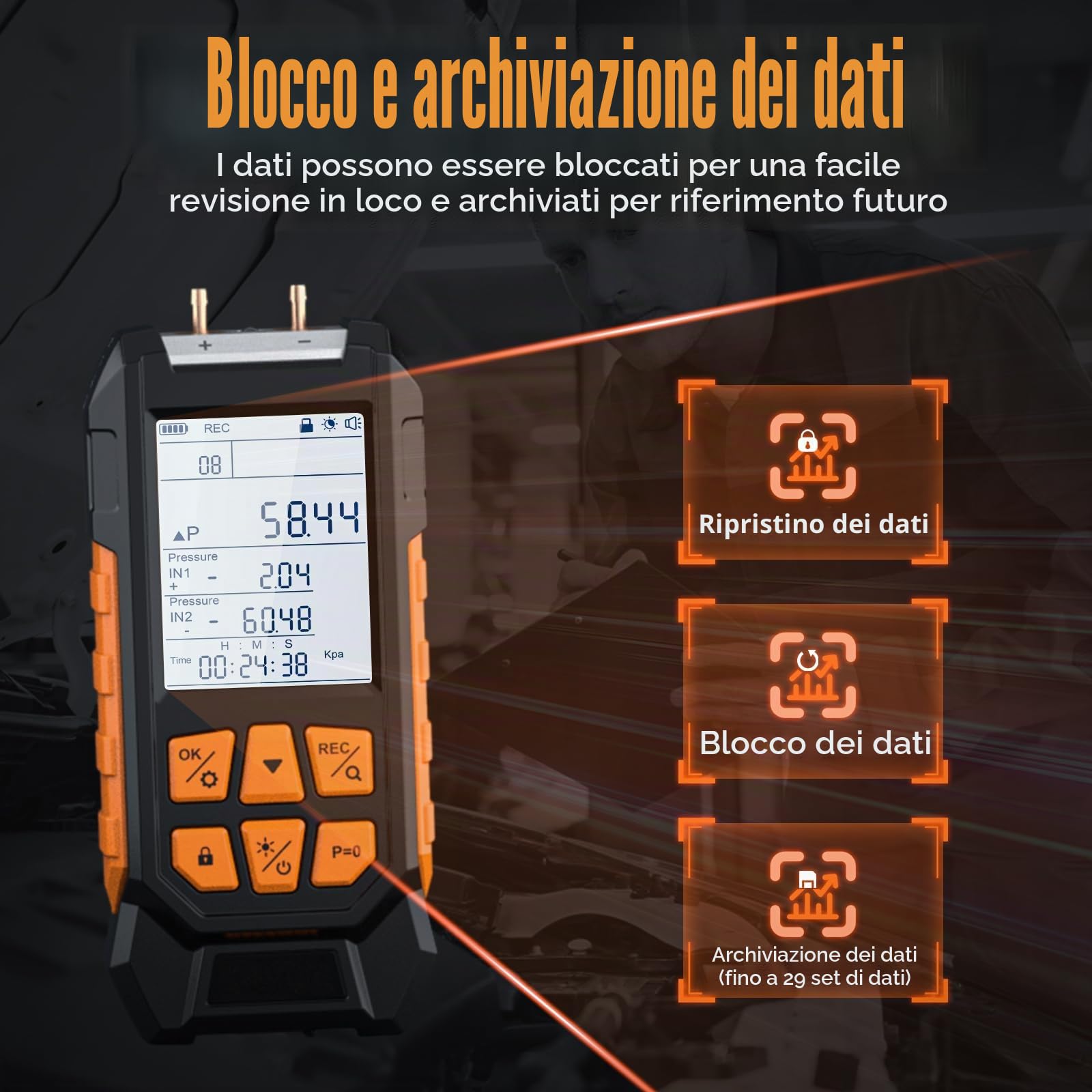 Manometro Digitale, Manometro Differenziale Professionale Intervallo di Misurazione 100-200 Kpa, Tester di Pressione Aria/Gas, Manometro HVAC a Doppia Porta, 10 Unità, Precisione ± 0,3% FS