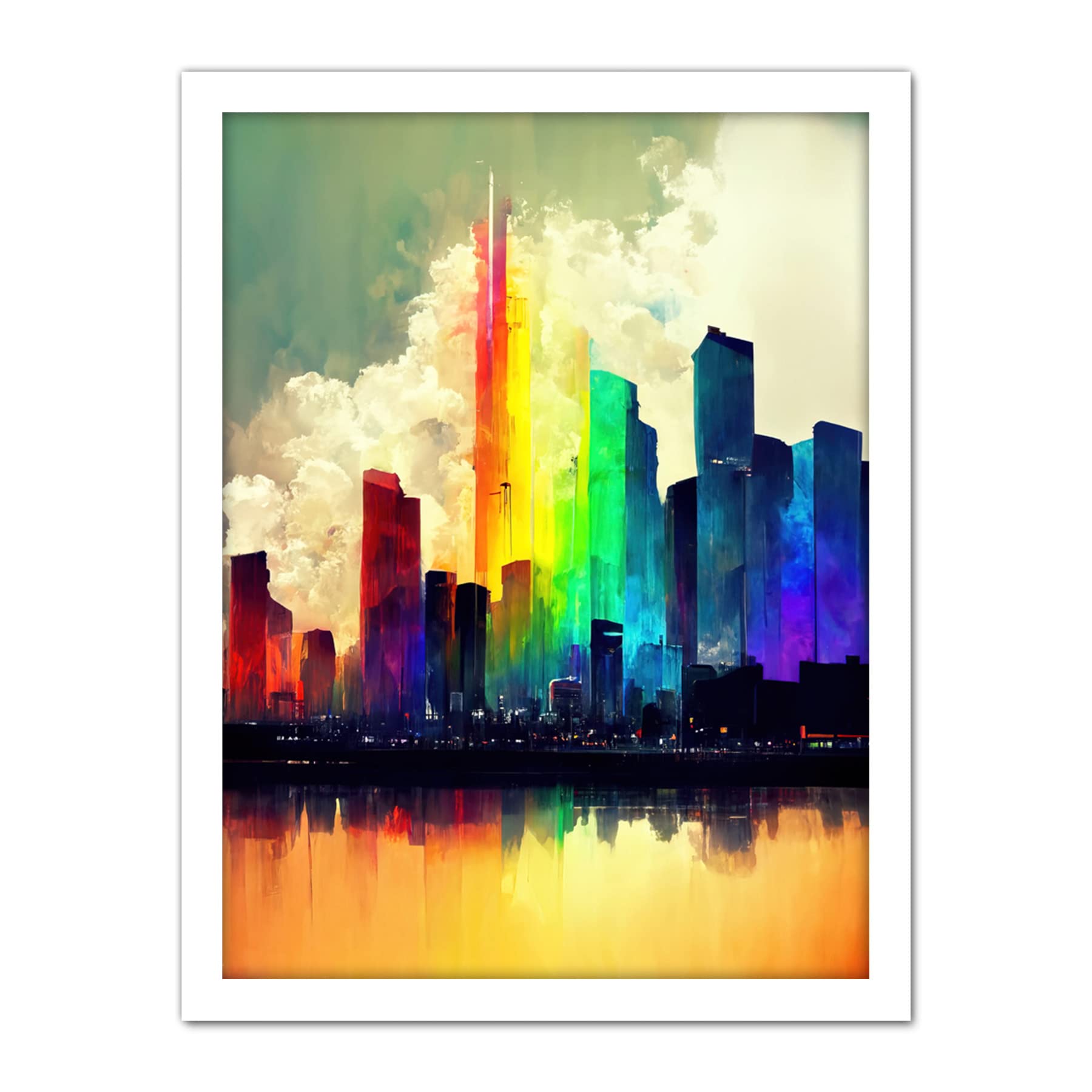 Doppelganger33 LTD Glass City Of Rainbow Reflections Cityscape Artwork Framed Wall Art Print 18X24 Inch