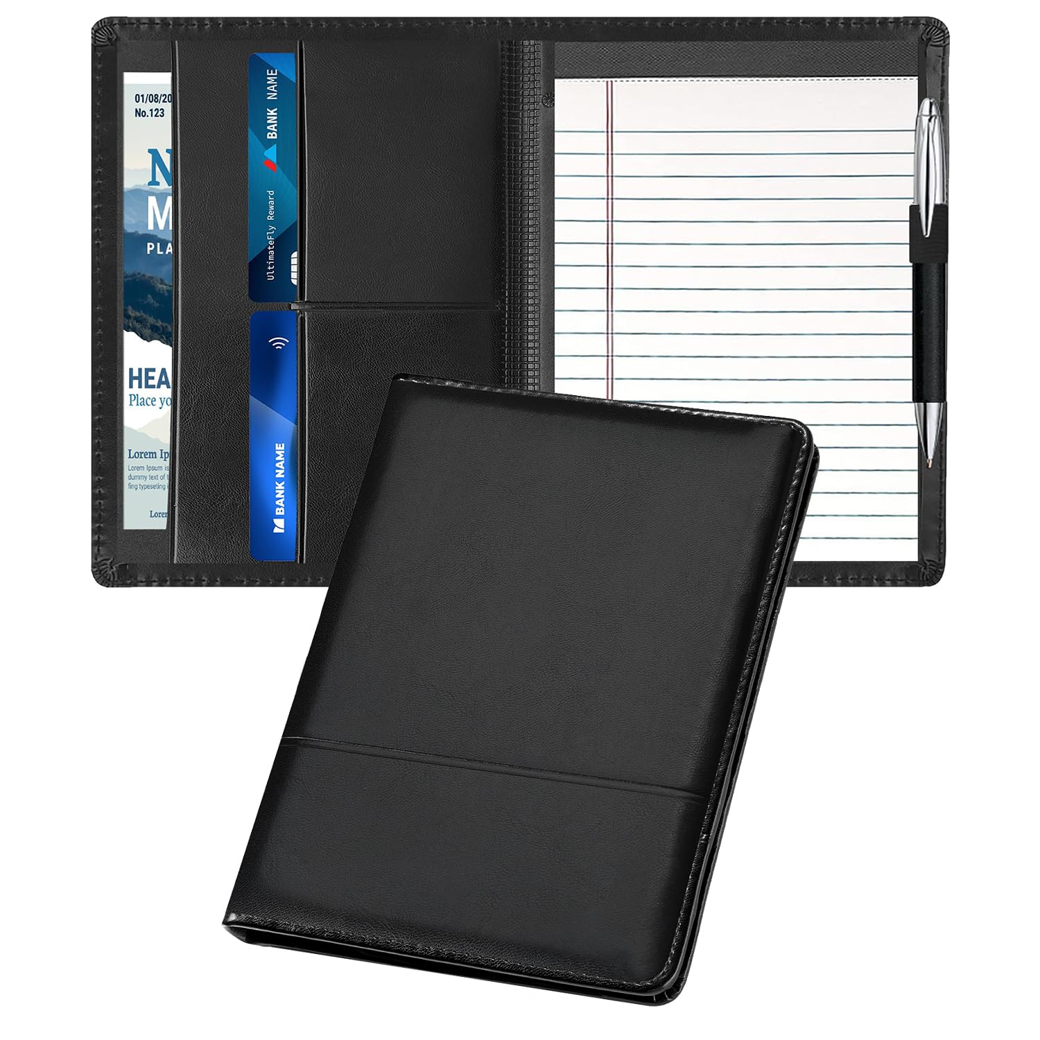 Carpeta para padfolio/portafolio, mini carpeta de 5 x 8 pulgadas, bloc de escritura legal, carpeta organizadora de documentos A5 para hombres y mujeres, color negro.