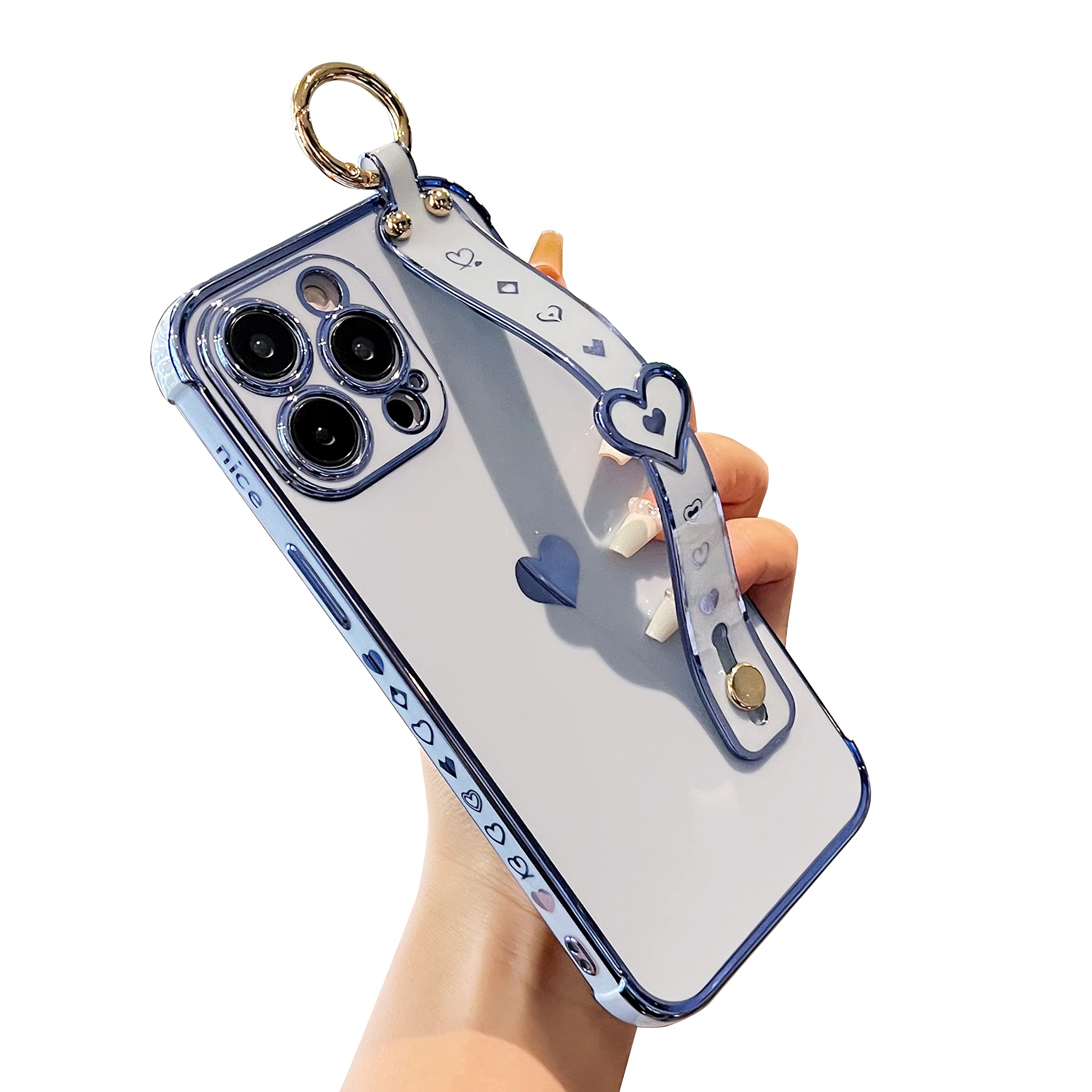 DEFBSC Compatible with iPhone 15 Pro Case, Electroplated Edge Love Heart Case with Wrist Strap, Full Camera Protection Raised Reinforced Corners