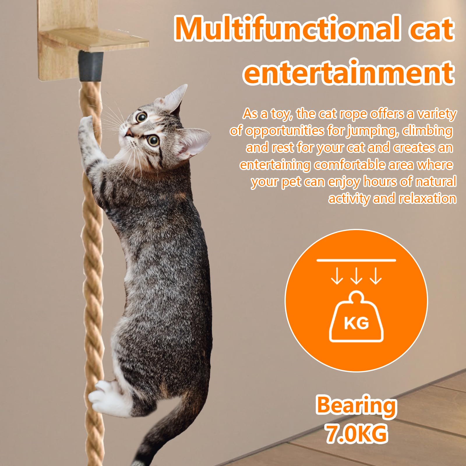 Corda da Arrampicata a Parete per Gatti, Cuscino per Saltare per Gattis, Mensole da Salto per Gatti con Ripiano di Riposo, Corda da Arrampicata per Gattis per Affilare gli Artigli, 1.7m