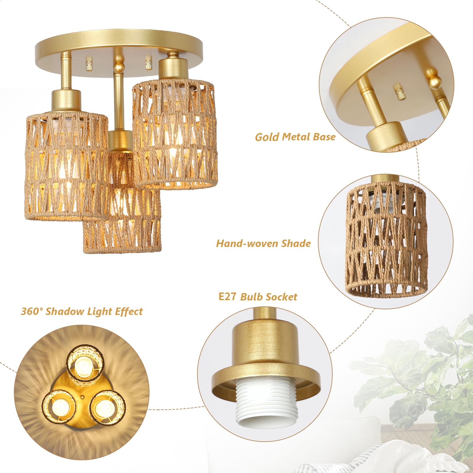 Rayofly Rattan Deckenlampe Hängend, 3-flammige Boho Deckenleuchte mit Rattan Lampenschirm, Vintage Deckenlampe Bambus, Modern Deckenleuchte Wohnzimmer, Gold Korb Lampe für Schlafzimmer, Küche, Flur