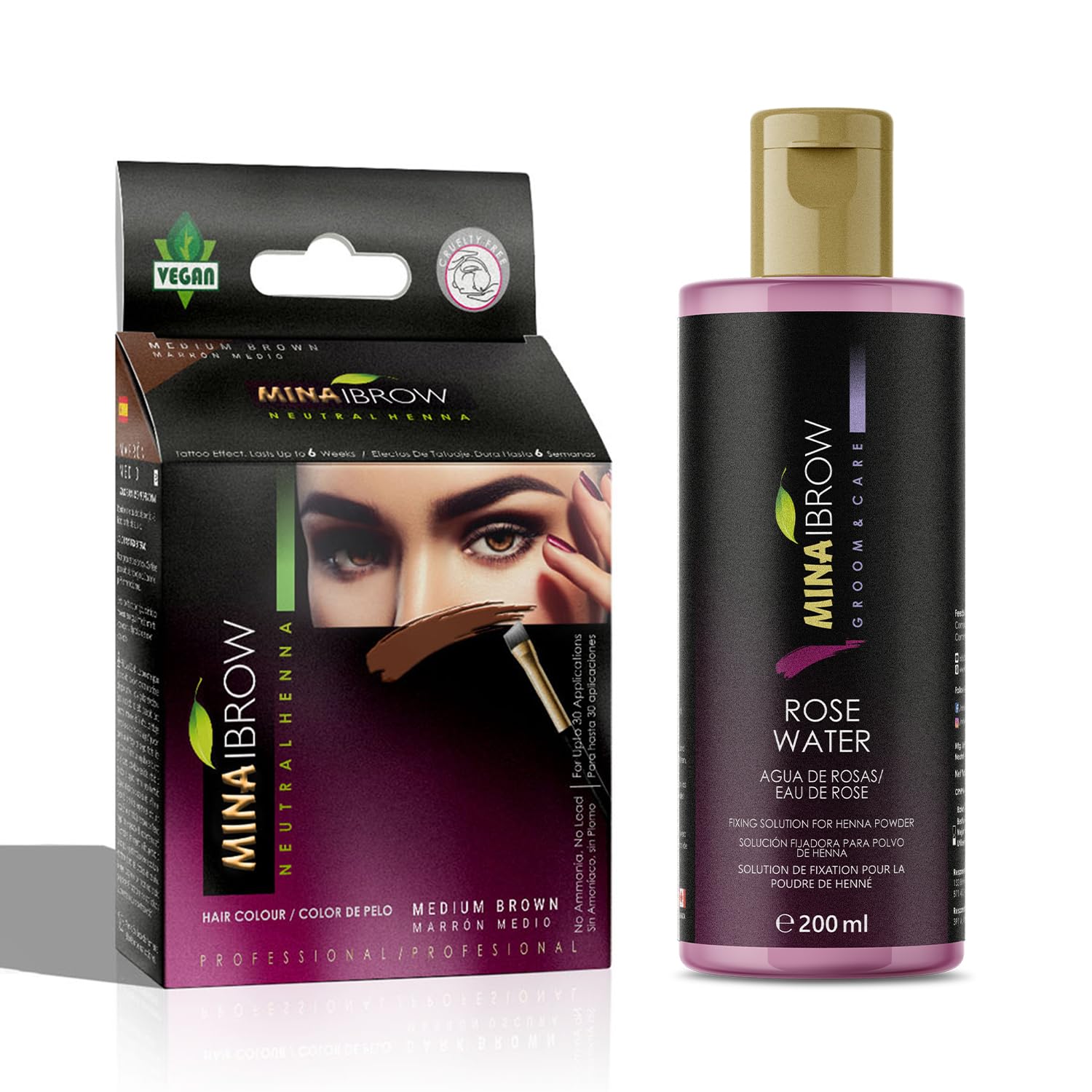 MINA ibrow - Kit regular de color henna de larga duración con agua de rosas para solución de fijación de henna | Para colorear manchas y retoques | Cobertura 100% gris (marrón medio)