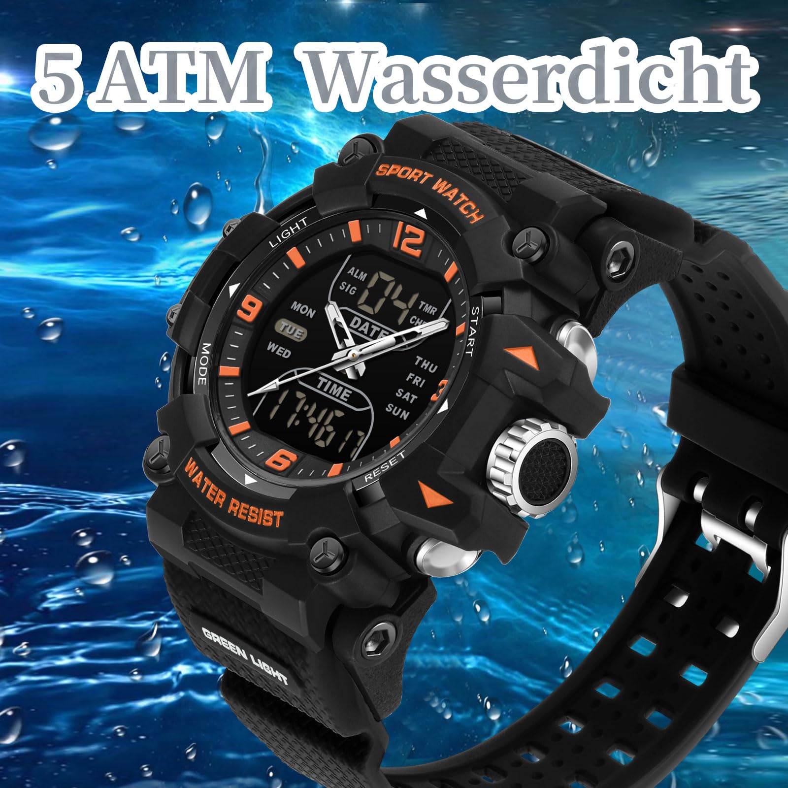 findtime Reloj analógico digital para hombre, reloj deportivo para exteriores, esfera grande, resistente al agua, 5 ATM, iluminación LED, relojes militares para hombres con despertador, fecha