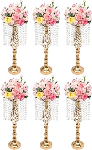 Mesa de boda, centro de mesa de cristal, soporte de flores de cristal, 6 piezas de flores doradas, jarrones de 19.3 pulgadas de alto, centros de