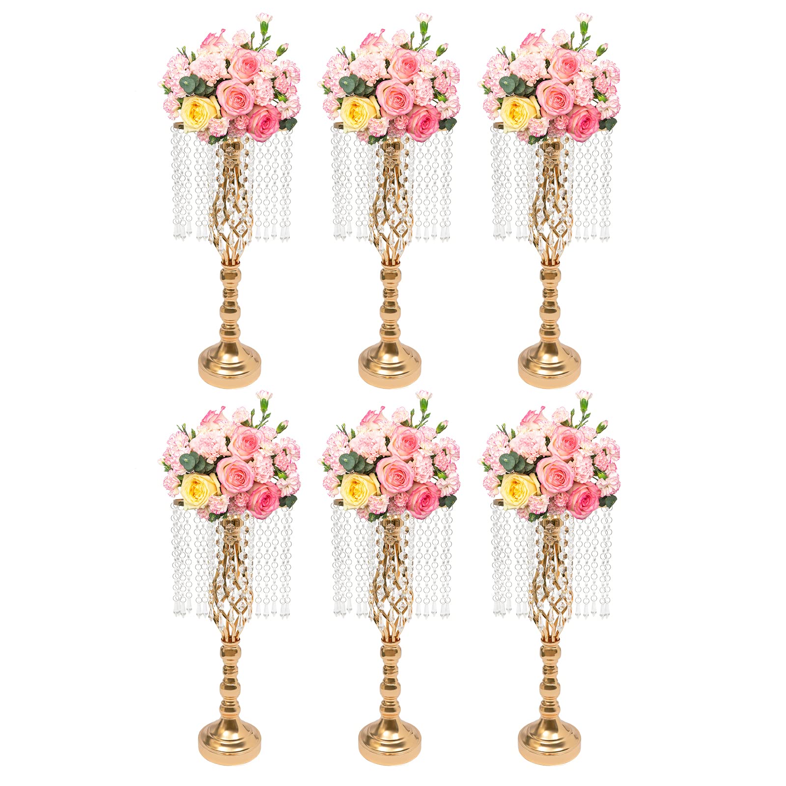 6Pcs Luxurious Acrylic Crysta Flower Stand, Gold Vases for Centerpieces, 19.3inch Pedestal Stands with Large Base, Tabletop Vase, for Wedding Party, Dinner Event, Hotel/Home Decor