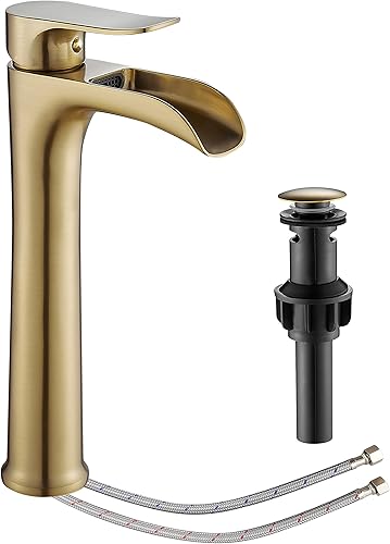 YUNDOOM - Grifo de lavabo de baño, grifo de baño dorado cepillado, grifo de lavabo de baño de un solo agujero, grifo de baño alto de un solo mango,