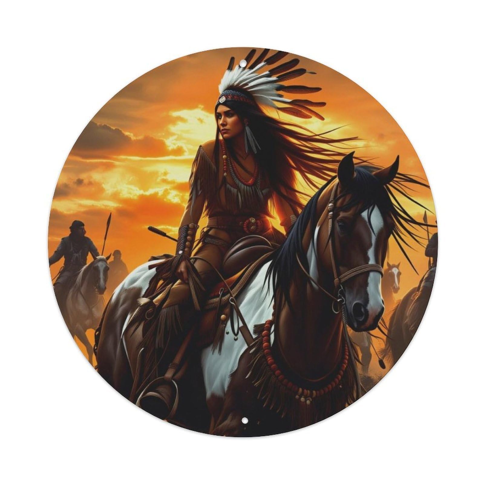 Vintage Native American Horse Sunset Round Decor Sign Vintage Aluminium Metal Sign, Retro Wall Decor for Home, Bar, Garage & Farmhouse 20x20cm