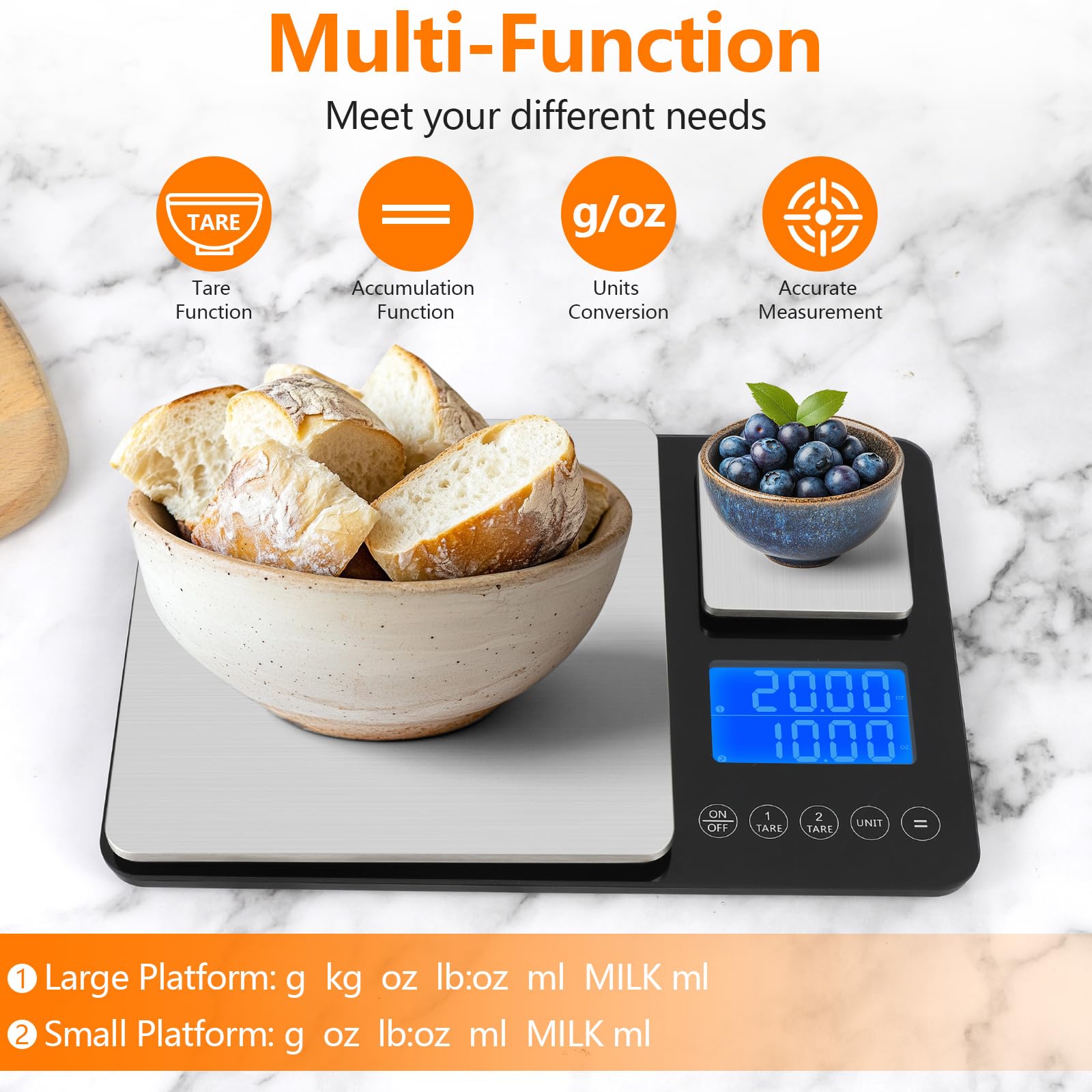 Küchenwaage mit Dualer Plattform, 15kg/1g & 500g/0.01g, Küchenwage mit 7 Einheiten, Summierungsfunktion und Tara Funktion, Kitchen Scale, Waage Küche zum Backen und Kochen