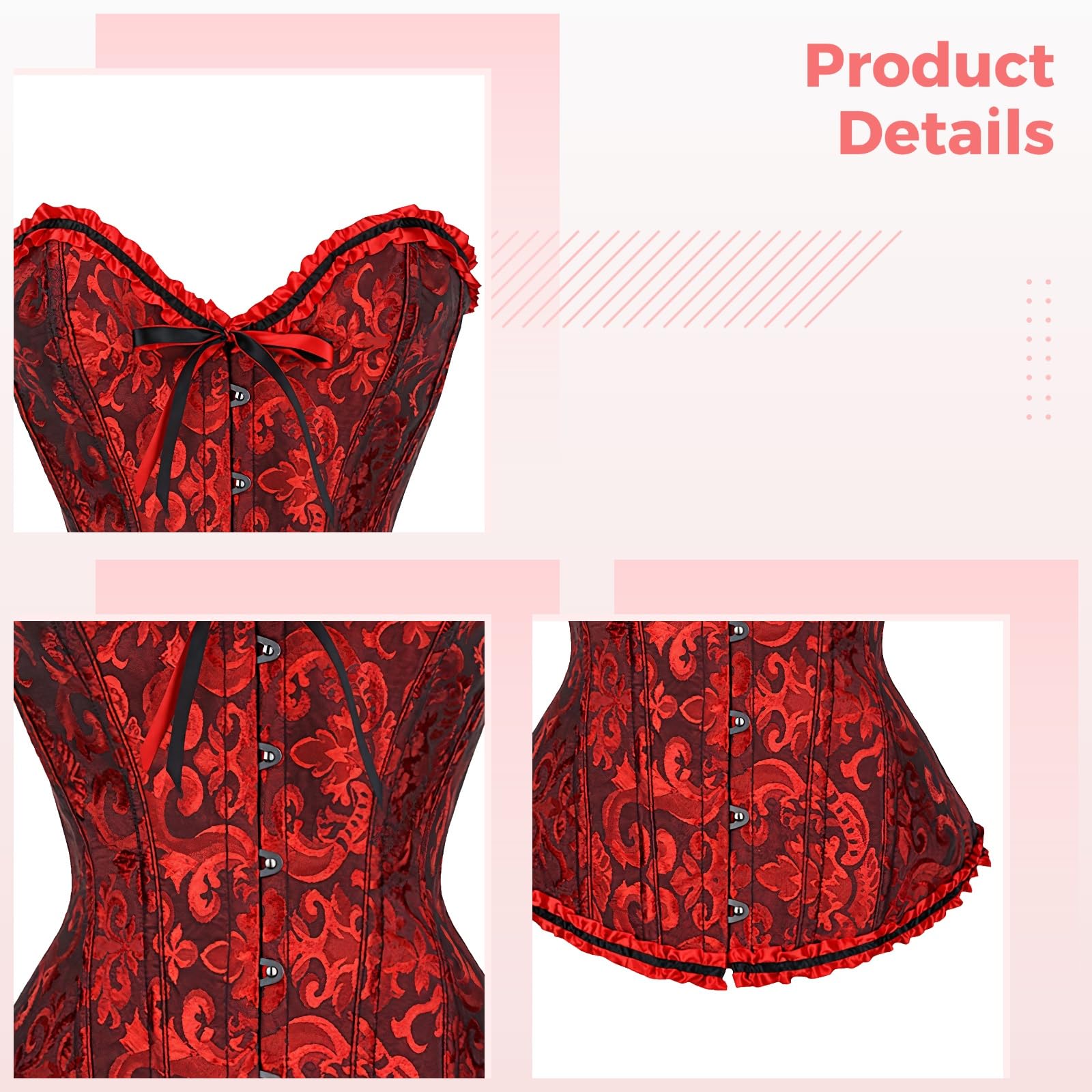Corsetto elegante da donna con finiture in pizzo, design con chiusura frontale, 4XL, bustier rosso shapewear per modellare la vita
