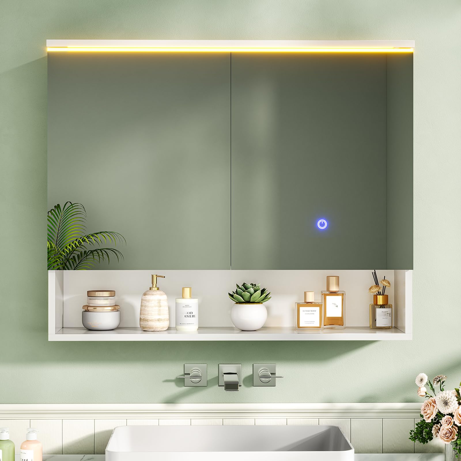 Spiegelschrank Bad mit LED-Beleuchtung und Steckdose 80 cm Breit | Doppeltür Badschrank mit HD Spiegel, Verstellbaren Ablagen, Offenes Regal, Badezimmerschrank, Wandschrank 80 x 19,5 x 75.5 cm