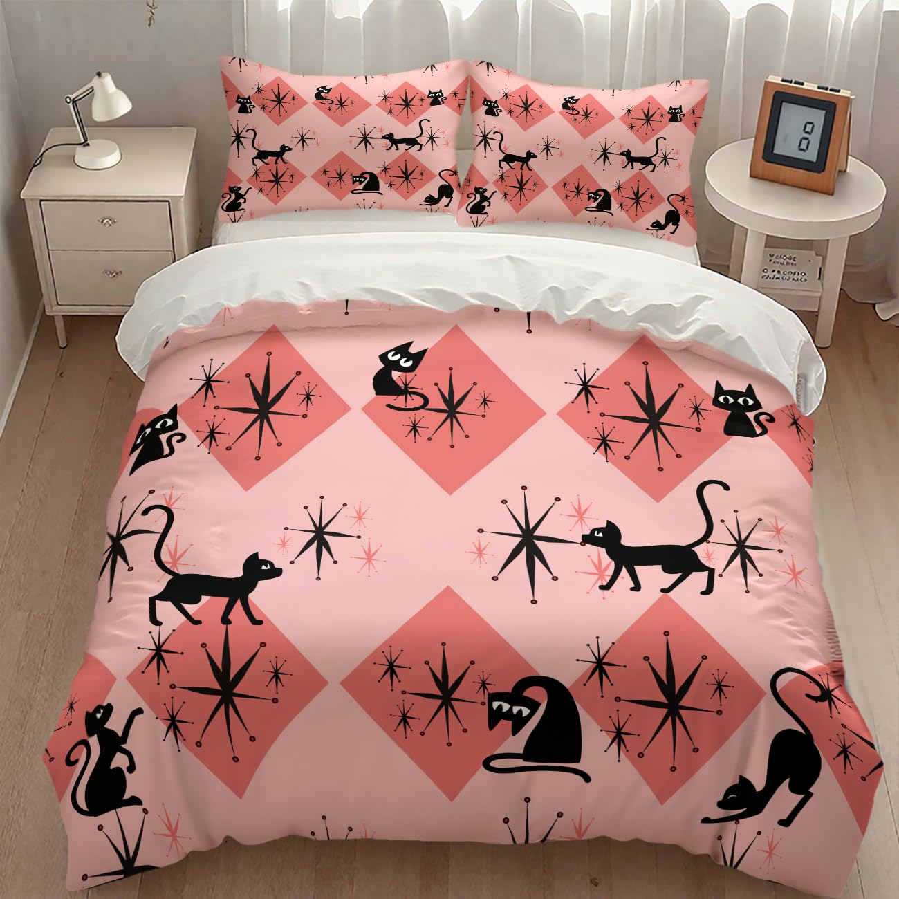 Mid Century Bedding Set,Retro Black Cat 1950s 1960s Abstract Atomic Pink Geometric Pattern Modern Comforter Set with Pillowcase for Bedroom Bed Decor,Queen 90"x90"