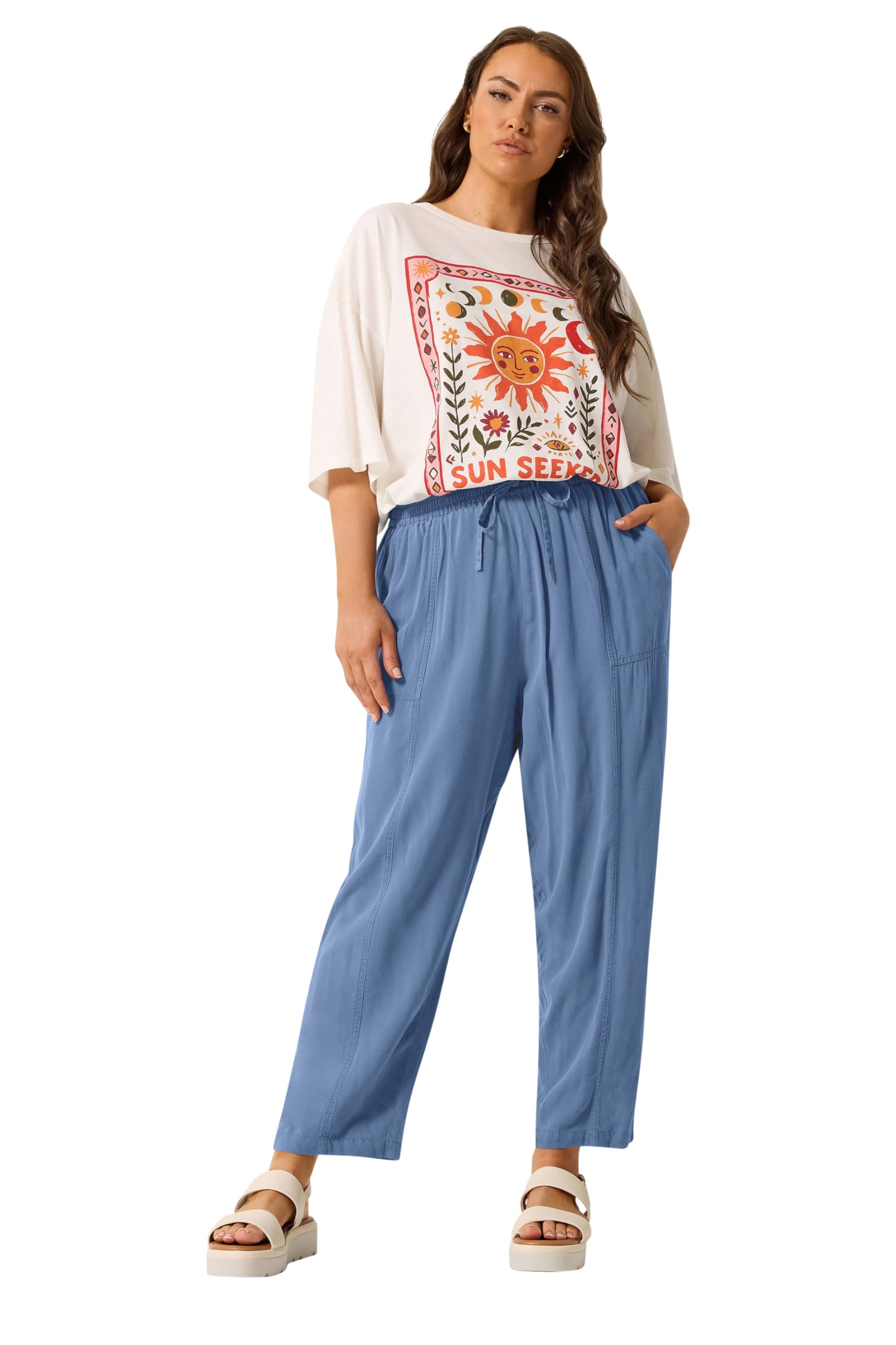 Yours Women's Blue Chambray Barrel Trousers In | Size: 26/28