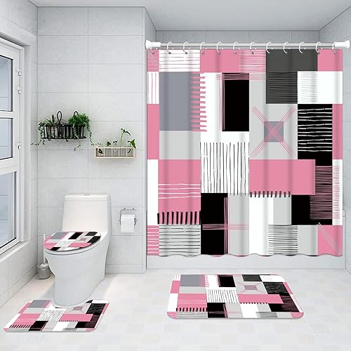 All Smiles Juego de cortinas de ducha rosa con cortinas de ducha y alfombras, accesorios modernos de decoración de baño para el hogar, cortinas de