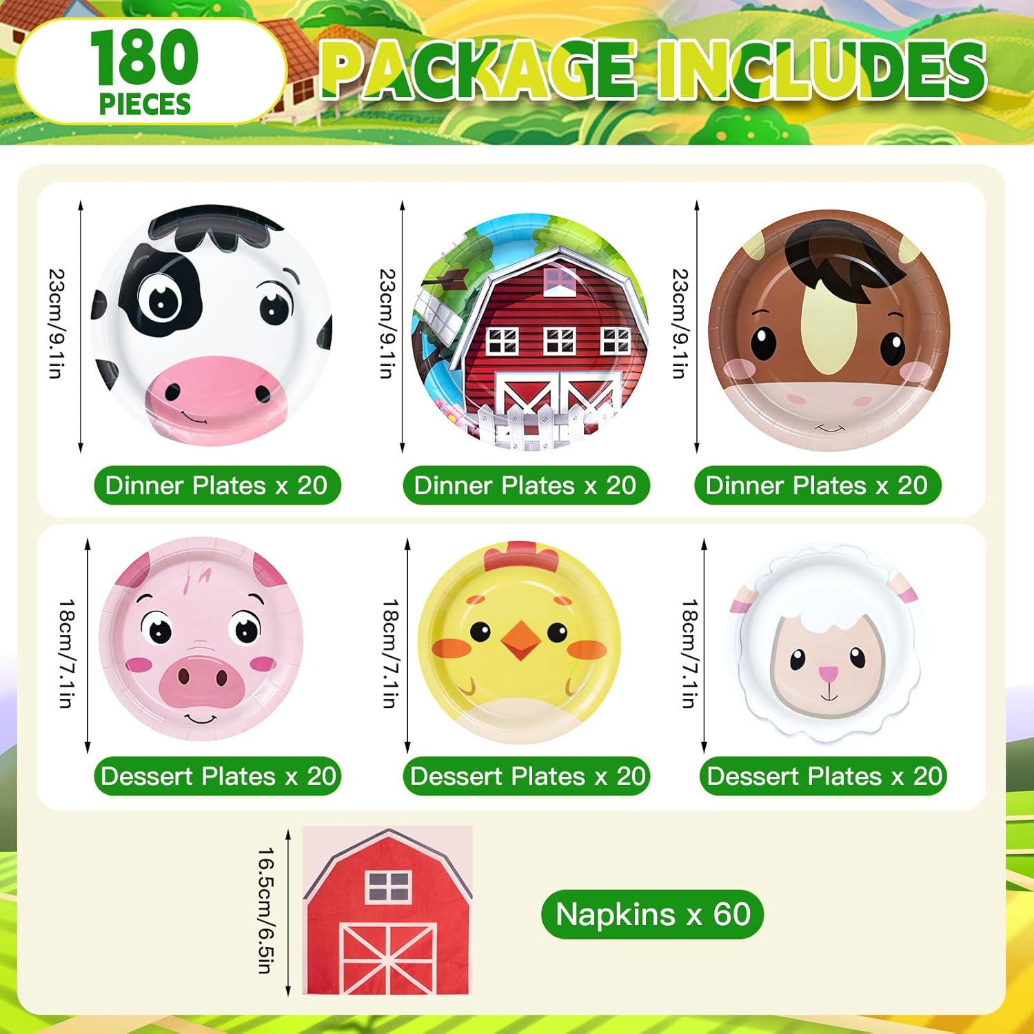 180Pcs Farm Animals Party Supplies Paper Plates and Napkins Serve 60 Disposable Tableware Set for Birthday Party Decorations Game Day Family Holiday Sports Events - Image 2