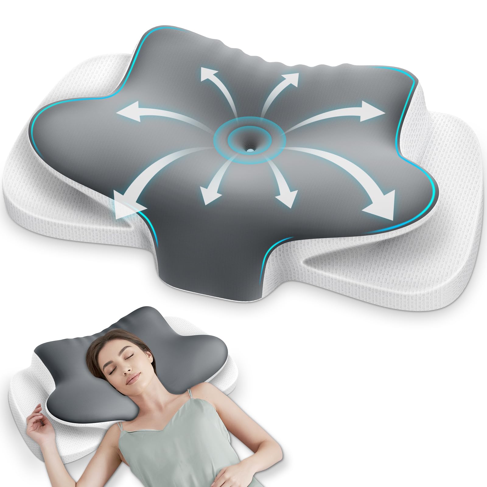Ehomfory Almohada Cervicales y Cuello, Transpirable Almohada Cervical de Espuma Viscoelástica, 2 en 1 Almohada Ergonómica para Dormir de Lado, Boca Arriba y Boca Abajo
