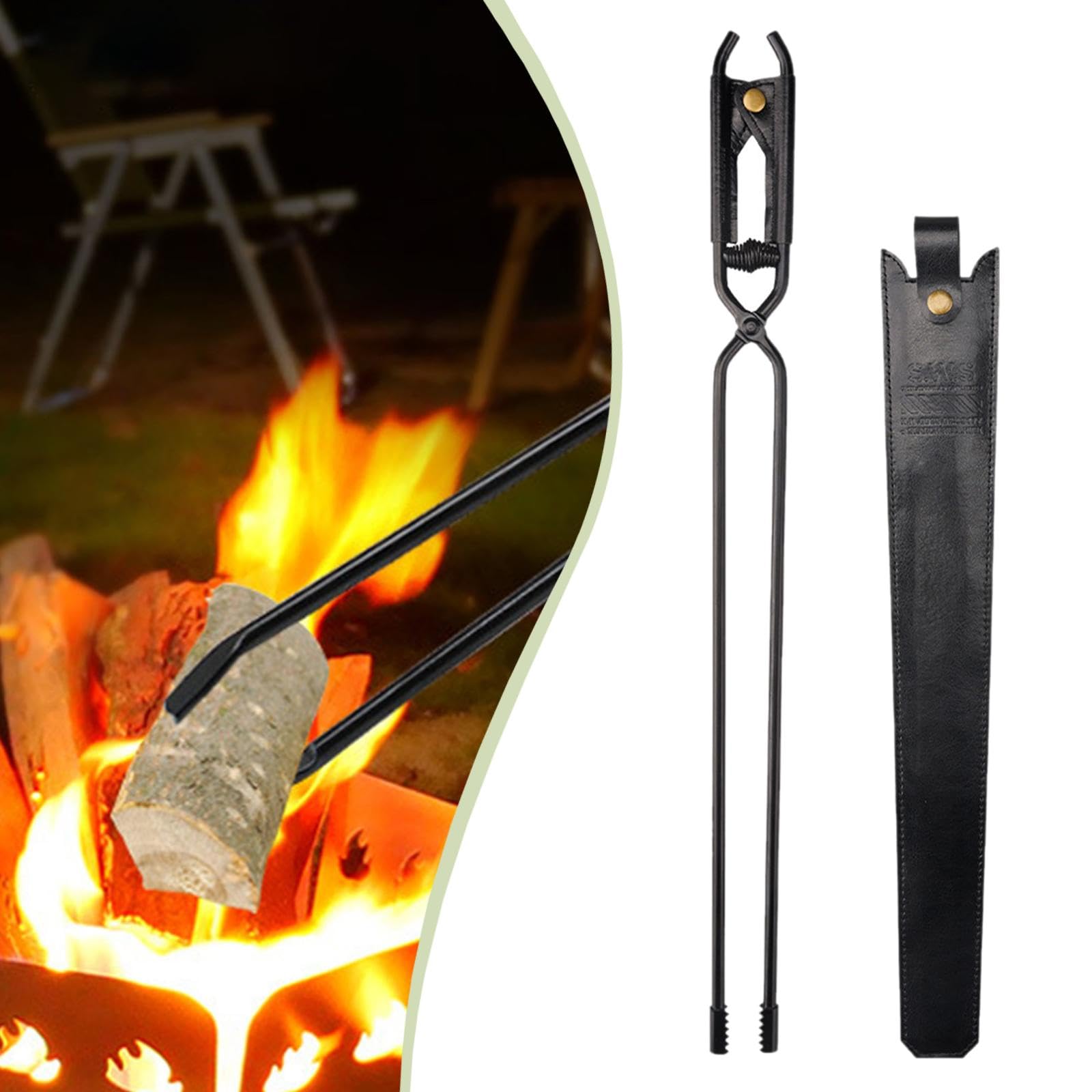 Feuerzange mit PU Lederhülle, Praktisches Brennholzwerkzeug für Ofen, Picknick, Grill Und Camping, 44 X 4 X 2 cm