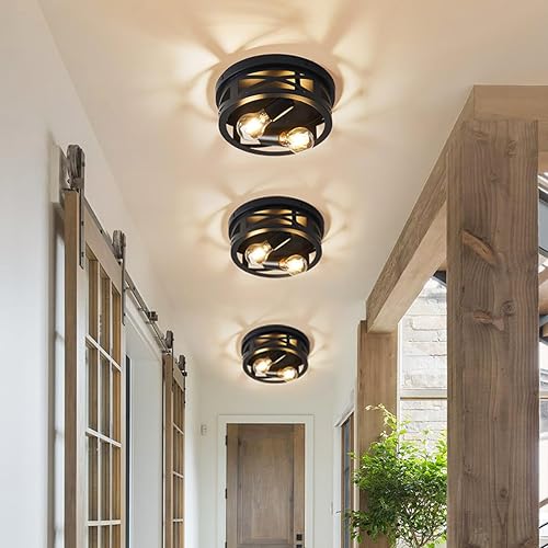 Miniatura 7 de Lámpara de techo de montaje empotrado de 2 luces, lámpara de techo industrial de granja, lámparas negras para pasillo, lámparas de techo vintage,