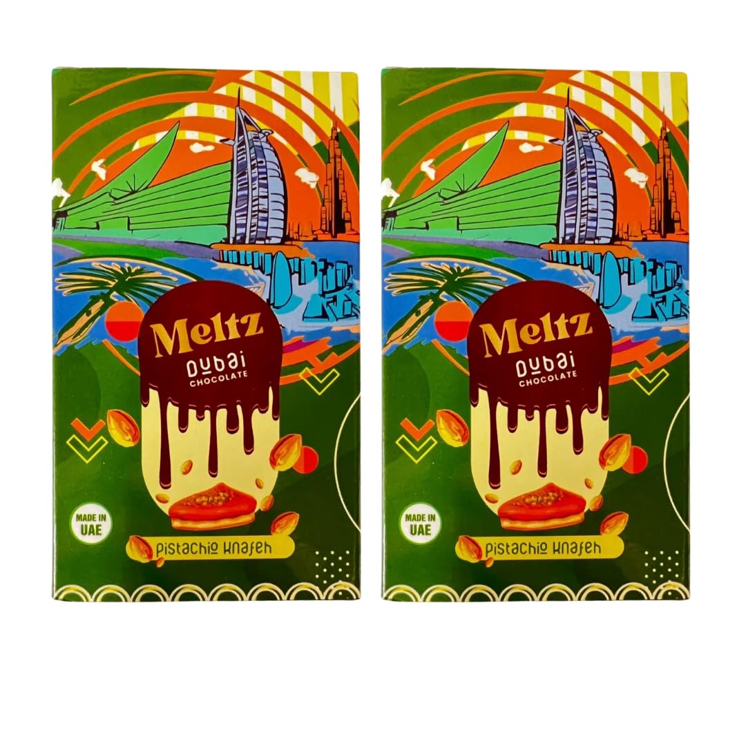 Meltz Premium Pistachio Knafeh Dubai Chocolate Bar 75g - Chocolate De Dubai - Loaded With Crunchy Roasted Kataifi Knafeh and Italian Pistachio Cream (Count 2)