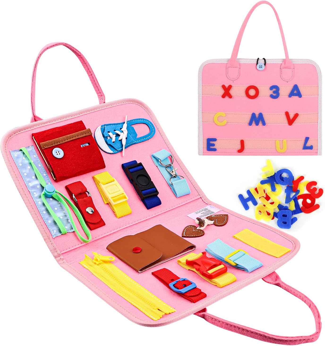 Esjay Busy Board, Montessori Toys to Learn Fine Motor Skill, Sensory Board, Toys Gifts Girls Boys 3+ Year Old, Learning Activities for Travel Airplane,Pink Alphabet