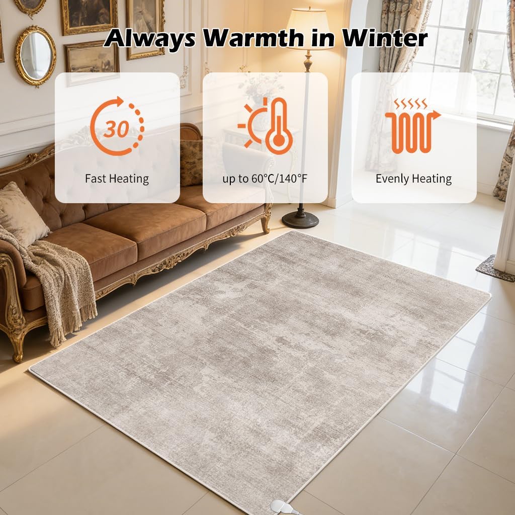 Graphene Electric Heating Carpet Soft Plush Heated Area Rug Heater Floor Mat with Timer Fast Warm Up for Home Office Study Playroom 120V 1000W 4.6x6.6Ft WS - Image 2