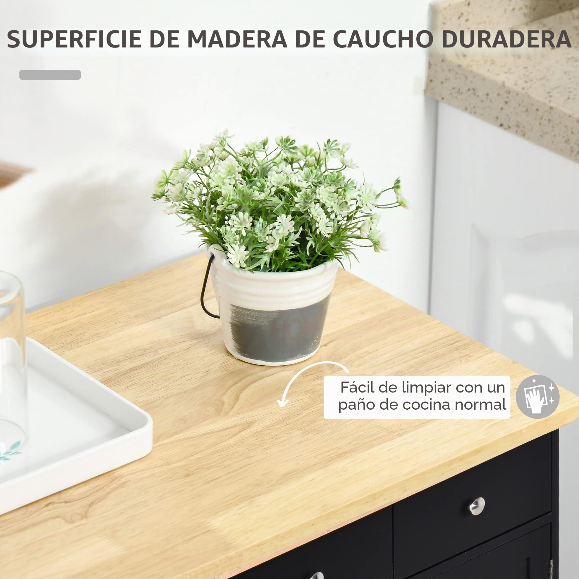 HOMCOM Aparador Buffet con encimera de Madera Maciza, Negro