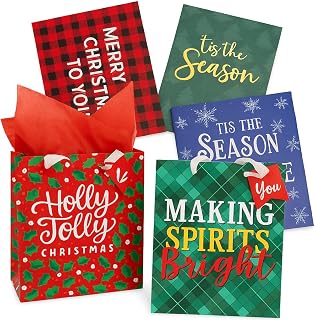 Christmas Gift Wrapping Set – 3 Gift Boxes, 2 Gift Bags, 6 Gift Tags & 6 Tissue Papers – Holiday Gift Packaging Kit for Christmas, Complete Bundle in Multi Festive Colors & Designs