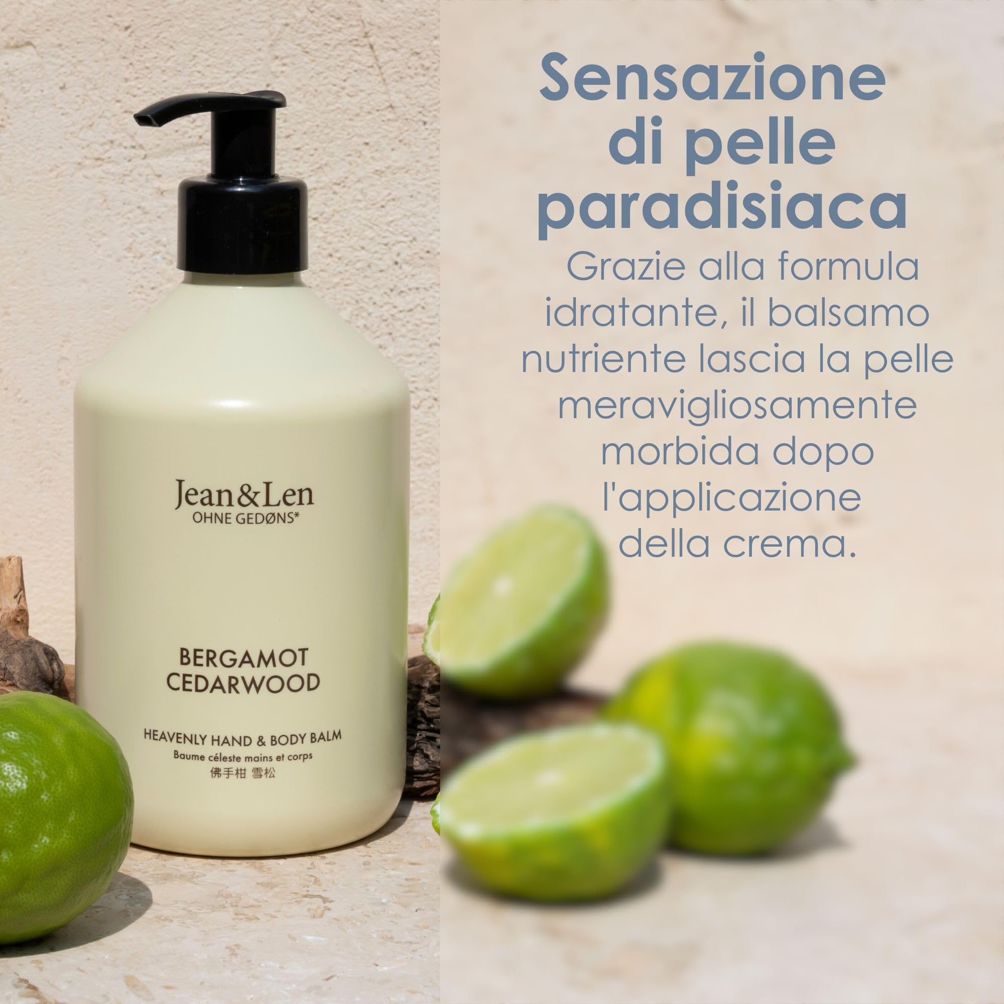 Jean & Len Heavenly Hand- & Body Balm Bergamot & Cedarwood, per un'esperienza di cura profumata, con olio di argan bio e burro di karité, flacone pregiato, senza parabeni e siliconi, 500 ml