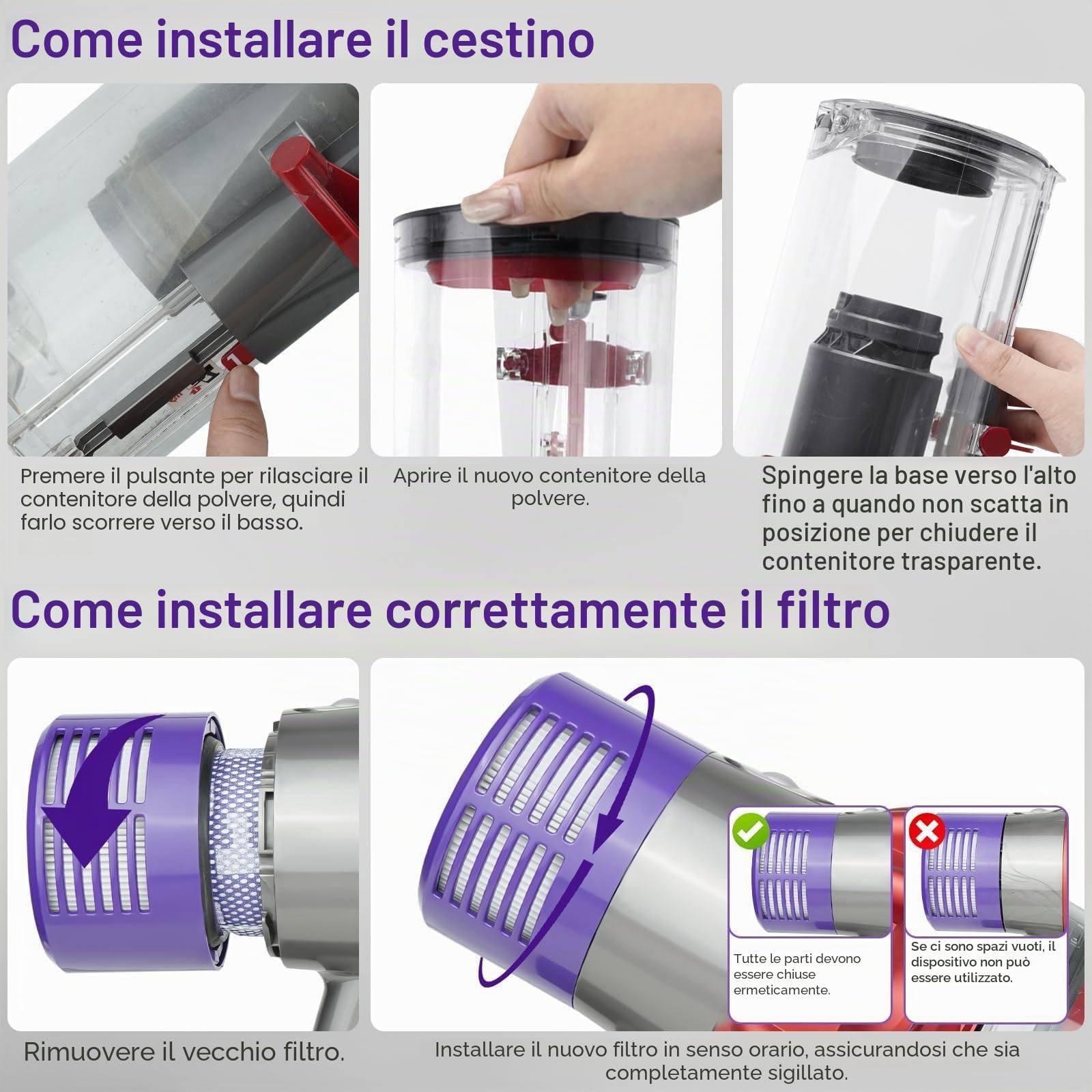 Set di Accessori per il Coperchio Inferiore del Contenitore per Dyson V10 SV12 SV13 SV27, Inclusi Filtro HEPA e Contenitore Trasparente di Alta Qualità per Ricambi per Dyson V10 Absolute