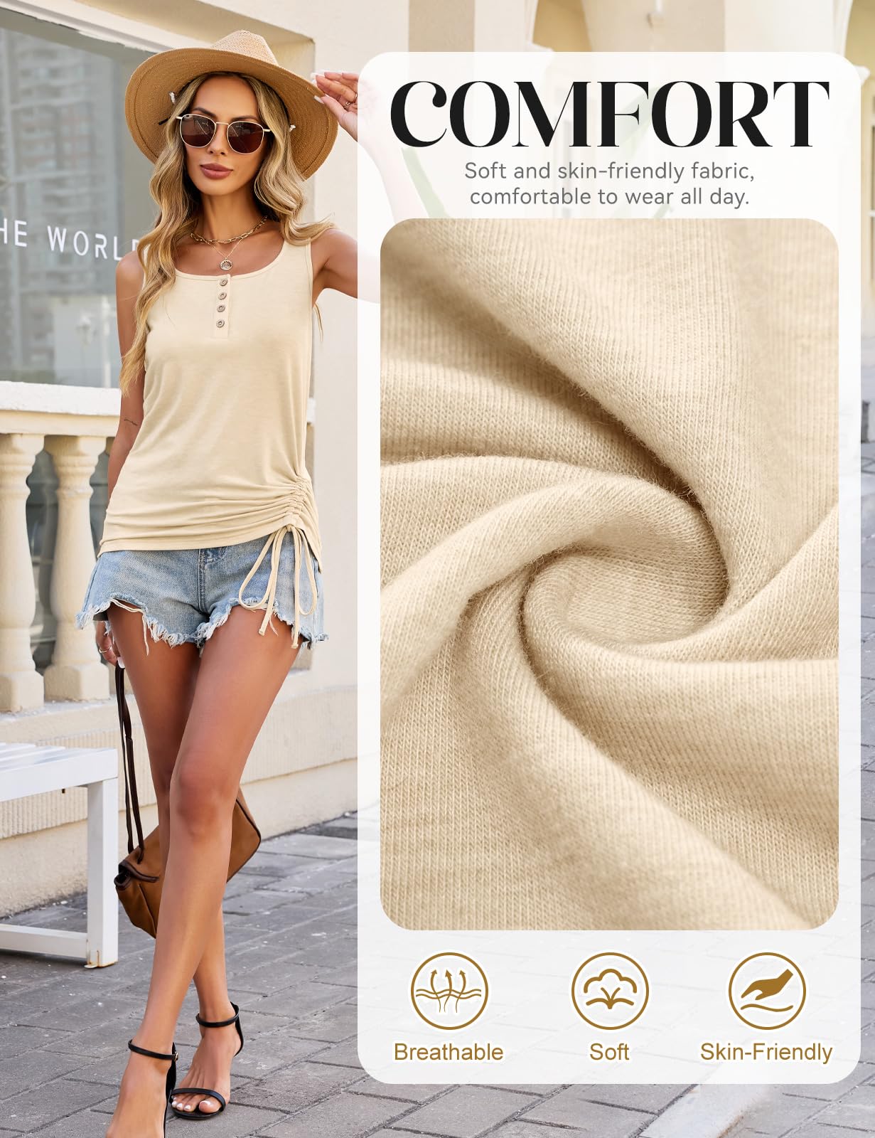 Tank Top damski top bez rękawów, na lato, na co dzień, okrągły dekolt, seksowny, elegancki tank top z boku ściągaczem, basic, luźna koszulka