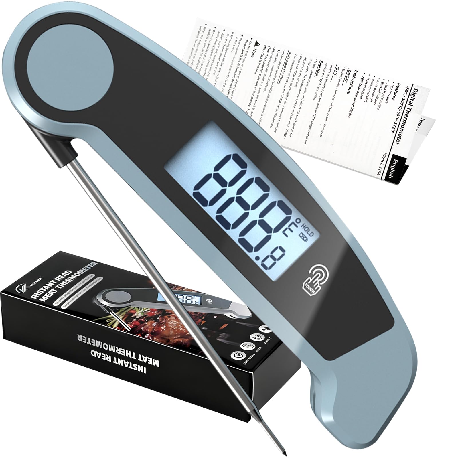 Thermomètre à viande numérique étanche à lecture instantanée pour la cuisson ℃/℉, affichage automatique rotatif thermomètre alimentaire bleu