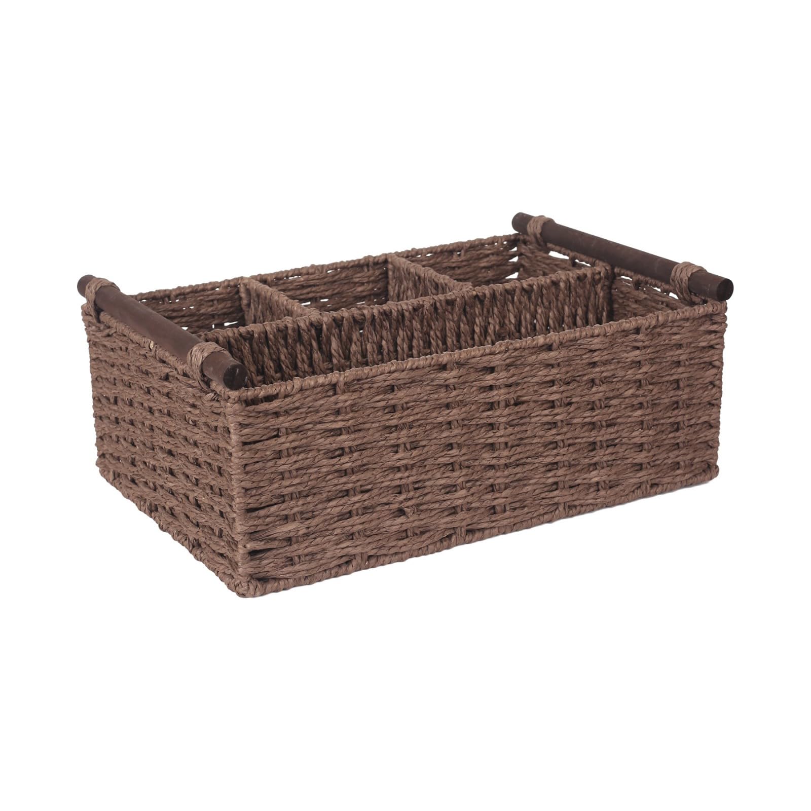 Zeiwohndc Brown Large Handwoven Paper Storage Basket Desk Organizer With Wooden Handle For Home Organization And Decoration Interlaced Storage Basket Practical Large Capacity Bin Woven Paper Container