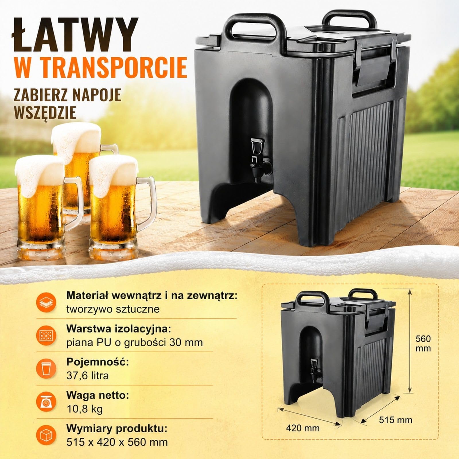 Dozownik napojów 37,6 l z LDPE, czarny pojemnik z kranikiem i uchwytami do kawy, mleka, wody i soku