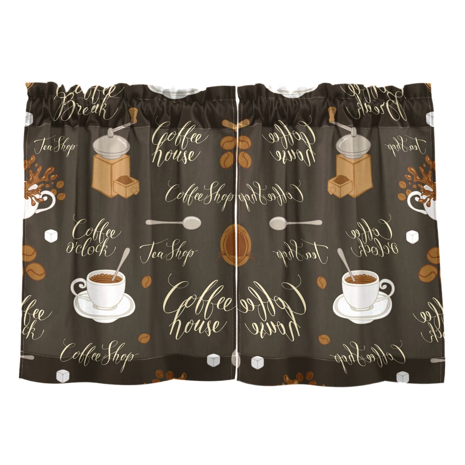 Poeticcity Multi 16 Coffee Tea And Coffee White Cups On Dark 2 Panels Kitchen Small Window Curtains, Tier Curtains Rod Pocket Half Short Curtains Blackout Cafe Drapes Symmetrical 27X36 In