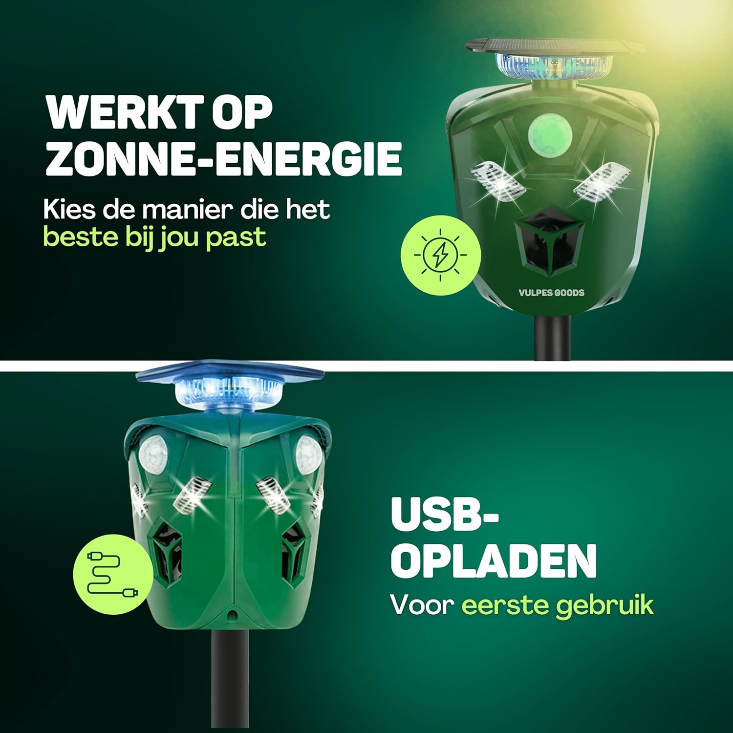 The Vulpes Goods Animal Repeller showing both solar panel and USB charging options.