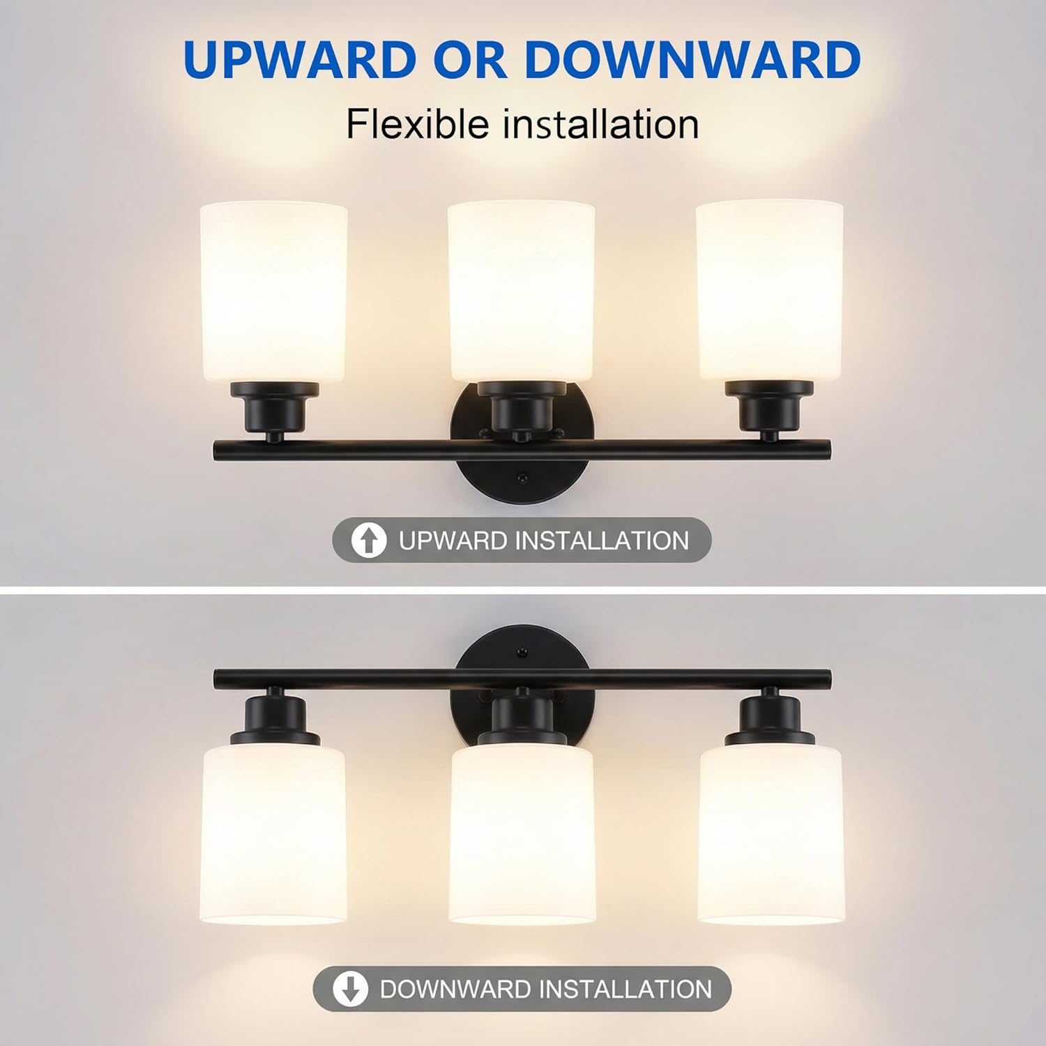 Unicozin 3 Light Bathroom Light Fixtures, Modern Vanity Lights with Milky Glass Shade, Black Wall Lamp Over Mirror for Bathroom, Living Room, Cabinet, Bedroom, E26 Base