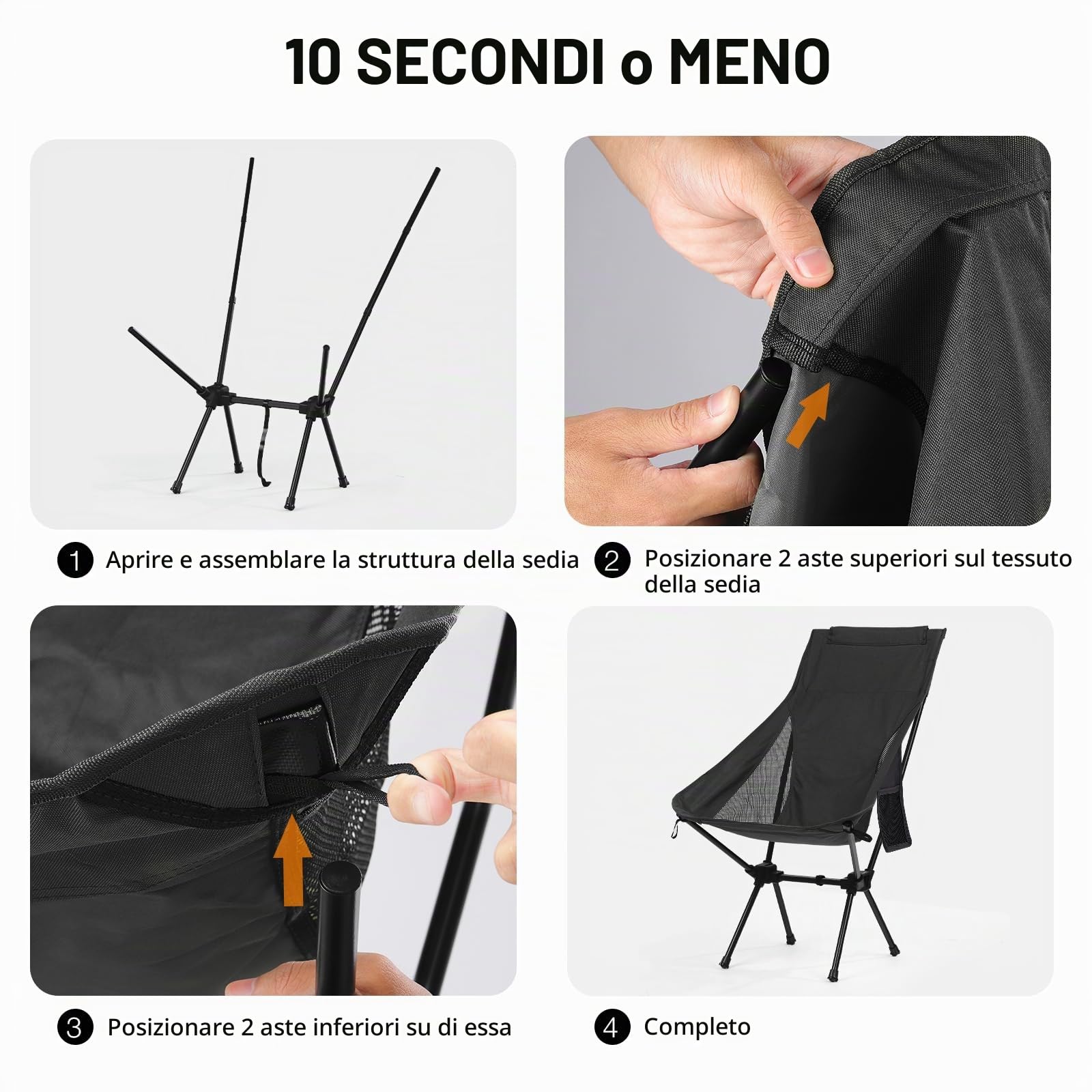 Sedie Campeggio Pieghevole con Schienale Alto, Sedia Spiaggia Leggera con Borsa da Trasporto, Sedia Pieghevole Compatta da Esterno Pesca Mare Giardino, Negro