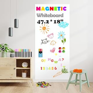 Magnetic Whiteboard Contact Paper for Wall 47.2" x 18", Adhesive Magnete Dry Erase White Board Sticker with 79 Magnetic Letters 12 Colors Chalk Markers for Kid, Peel and Stick Wallpaper