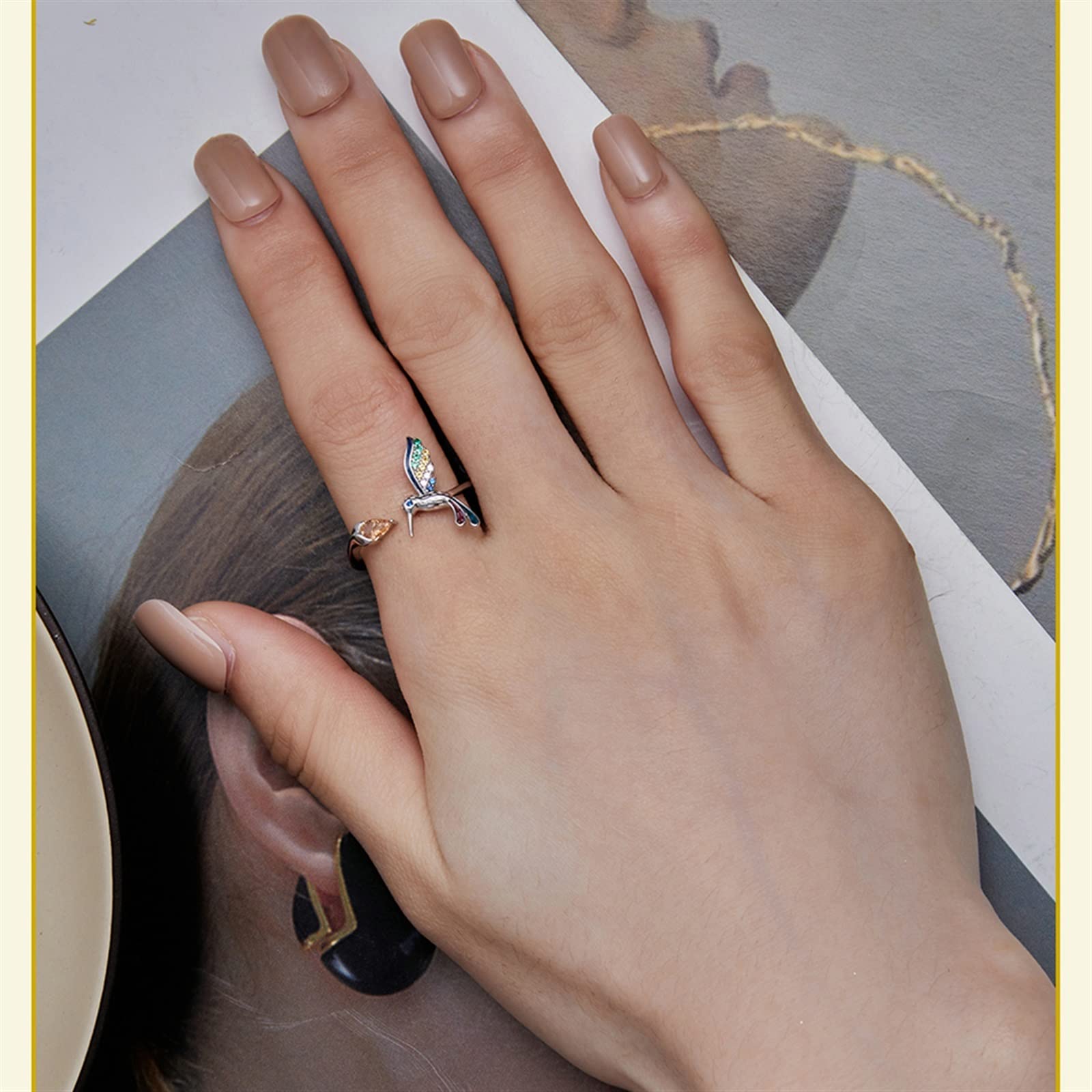 Regalo Elegante Natura Anello Colibr&igrave; In Argento Sterling 925 Design Aperto Fatto A Mano Regolabile Per Donne G 520721