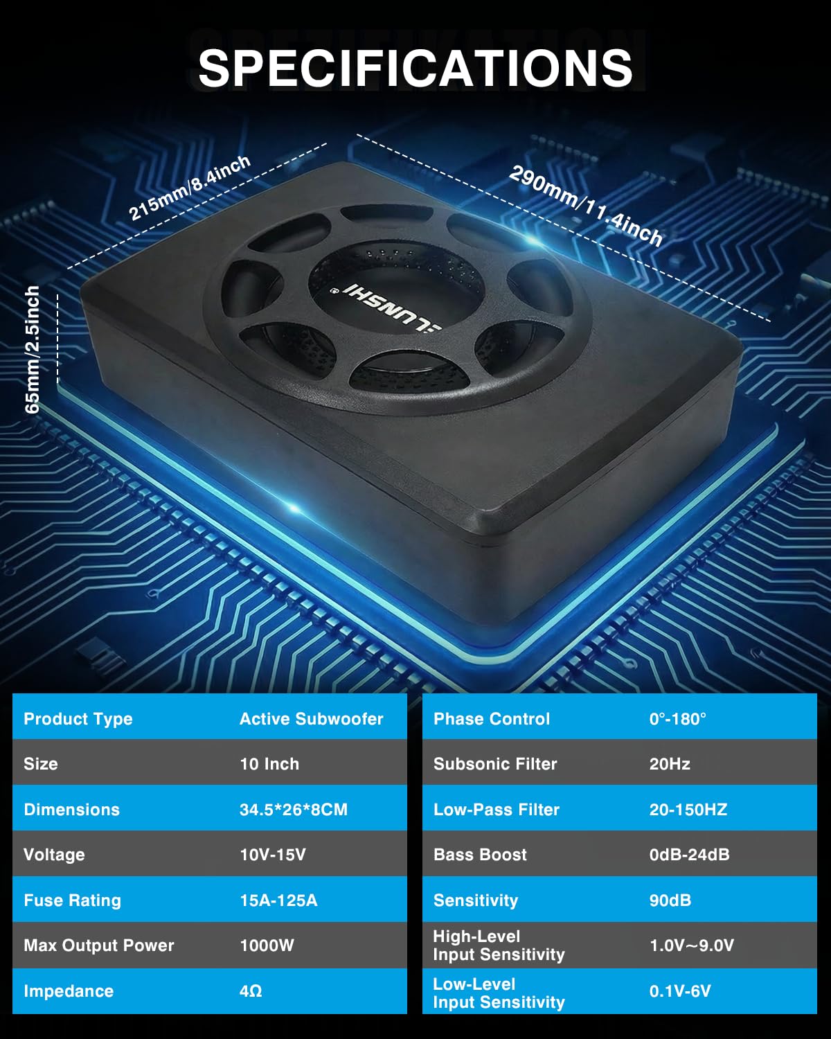 Subwoofer attivo 8 pollici 1000W Salvaspazio per Auto | Struttura compatta salvaspazio 8 pollici 1000W Bassi profondi, ingombro ridotto per Auto Musica e guida