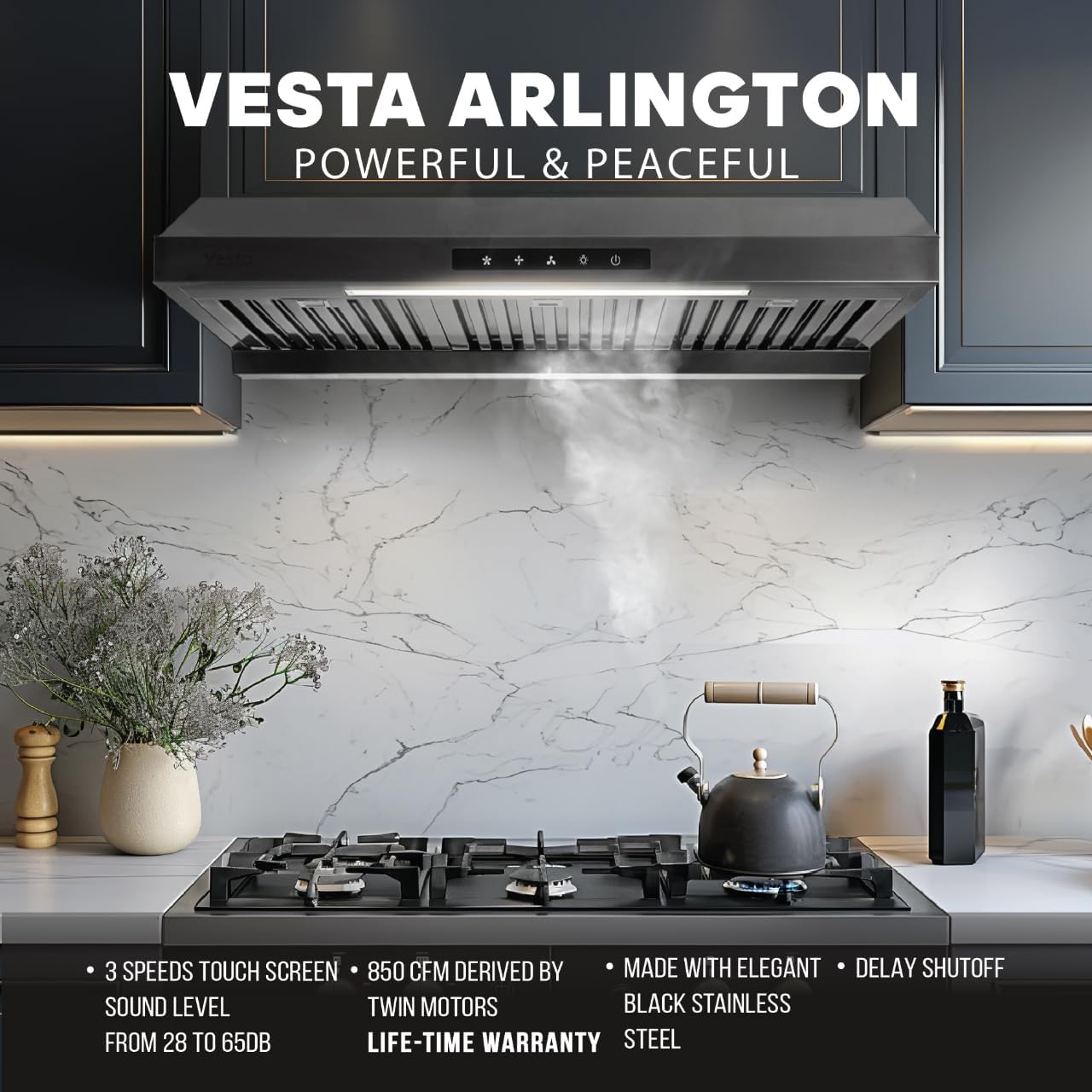 Vesta Arlington BS 850cfm Powerful 30'' Under Cabinet Range Hood With Black Stainless Steel,Twin Turbo Motors,Delay Shufoff, 3 Speed Touch Screen, 6'' Top Round Vent, LED Lights, and Long Oil Tray