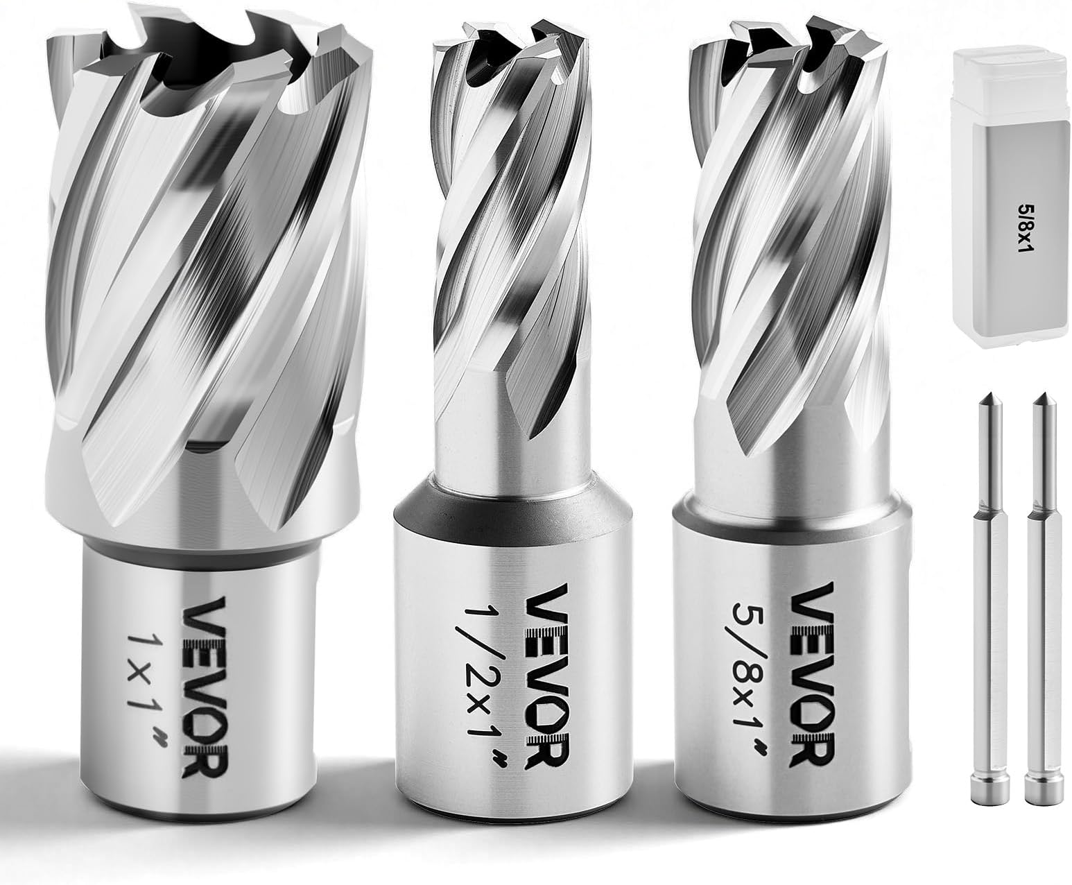VEVOR Annular Cutter Set, 5 pcs Weldon Shank Mag Drill Bits Kit, 1" Cutting Depth, 1/2", 5/8", 1" Cutting Diameter, HSS, 3 Drill Bits with 2 Pilot Pins and 3 Plastic Cases, for Magnetic Drills, Steel