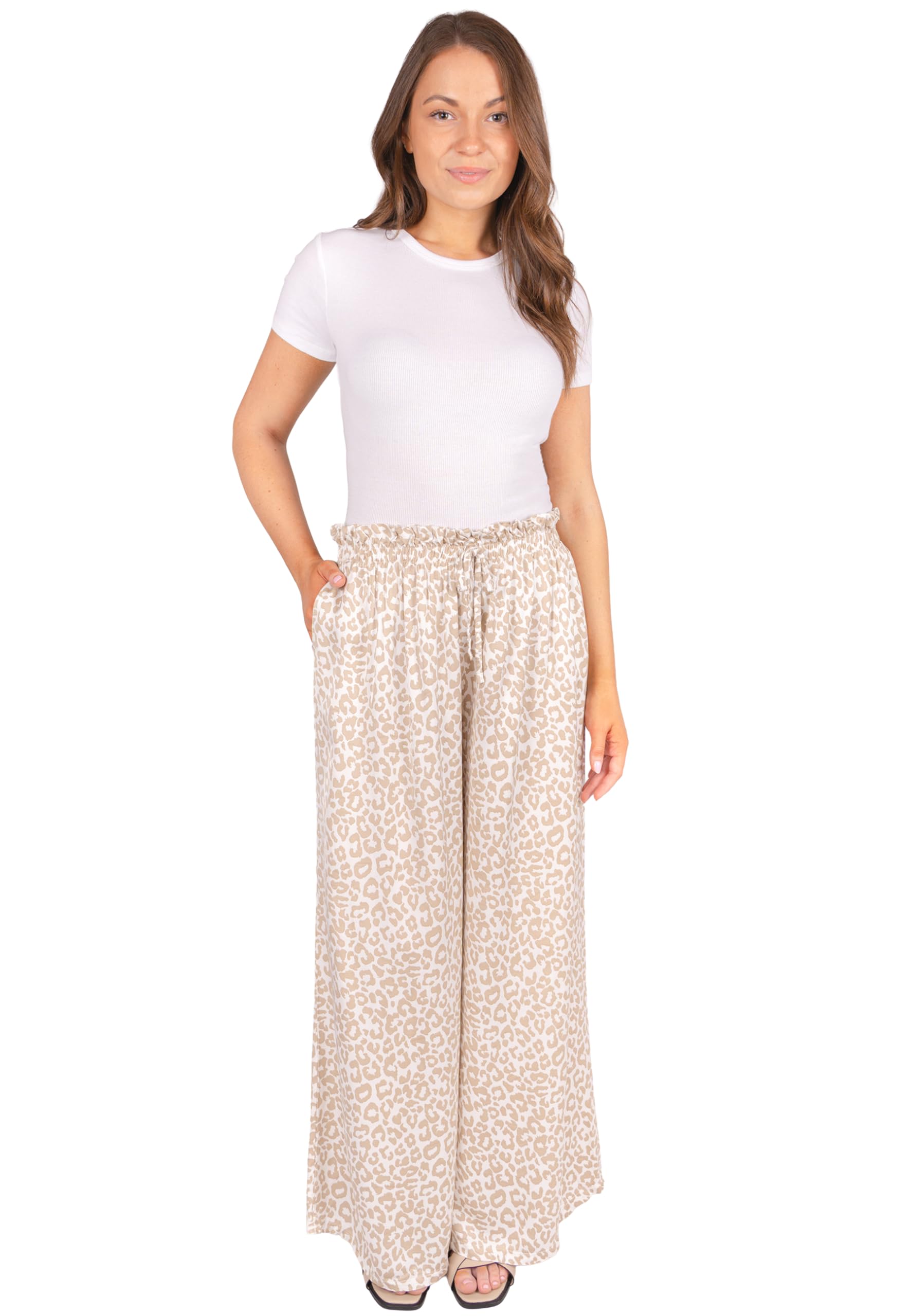Satinhose Penelope Damen – Palazzo Hose Weit mit Leo Print, High Waist Paperbag-Bund, Elegante Sommerhose OneSize bis Gr. 42