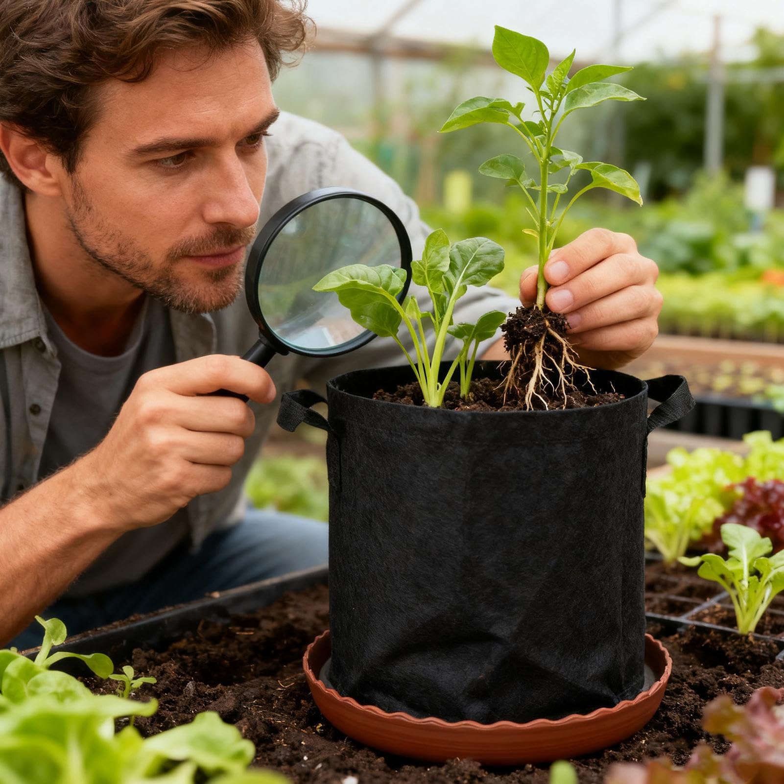 Bolsas De Cultivo Cubo De Plantación De 19 litros con Asas | Base Auto-Riego Con Platillo Para Maceta De 32cm Y Cuerda Absorbente Para Jardín, Patío, Champiñones, Flores, Patatas Y