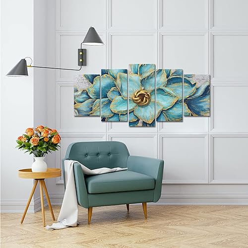 Miniatura 2 de Welmeco Decoración de la sala de estar, 5 piezas, verde azulado, hermosas y elegantes, flores, lienzo, arte de pared, impresiones giclée, decoración