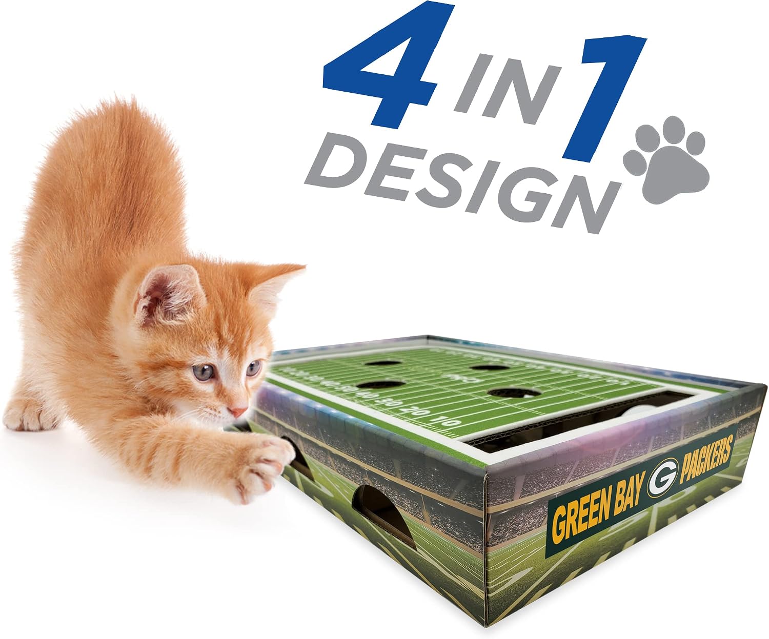 Pets First NFL Green Bay Packers Football Stadium Scratcher. Game Day Cat Toy with 2 Jingle Bell Balls. Lounge Stimulating Cat Game (GBP-5028)