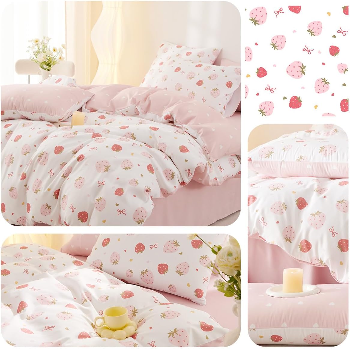 Girls Duvet Cover Set Twin Size Pink White Strawberry and Heart Pattern Reversible Bedding Set Cartoon Cute Style,Soft Microfiber Comforter Cover with Zipper Closure and 1 Pillowcase