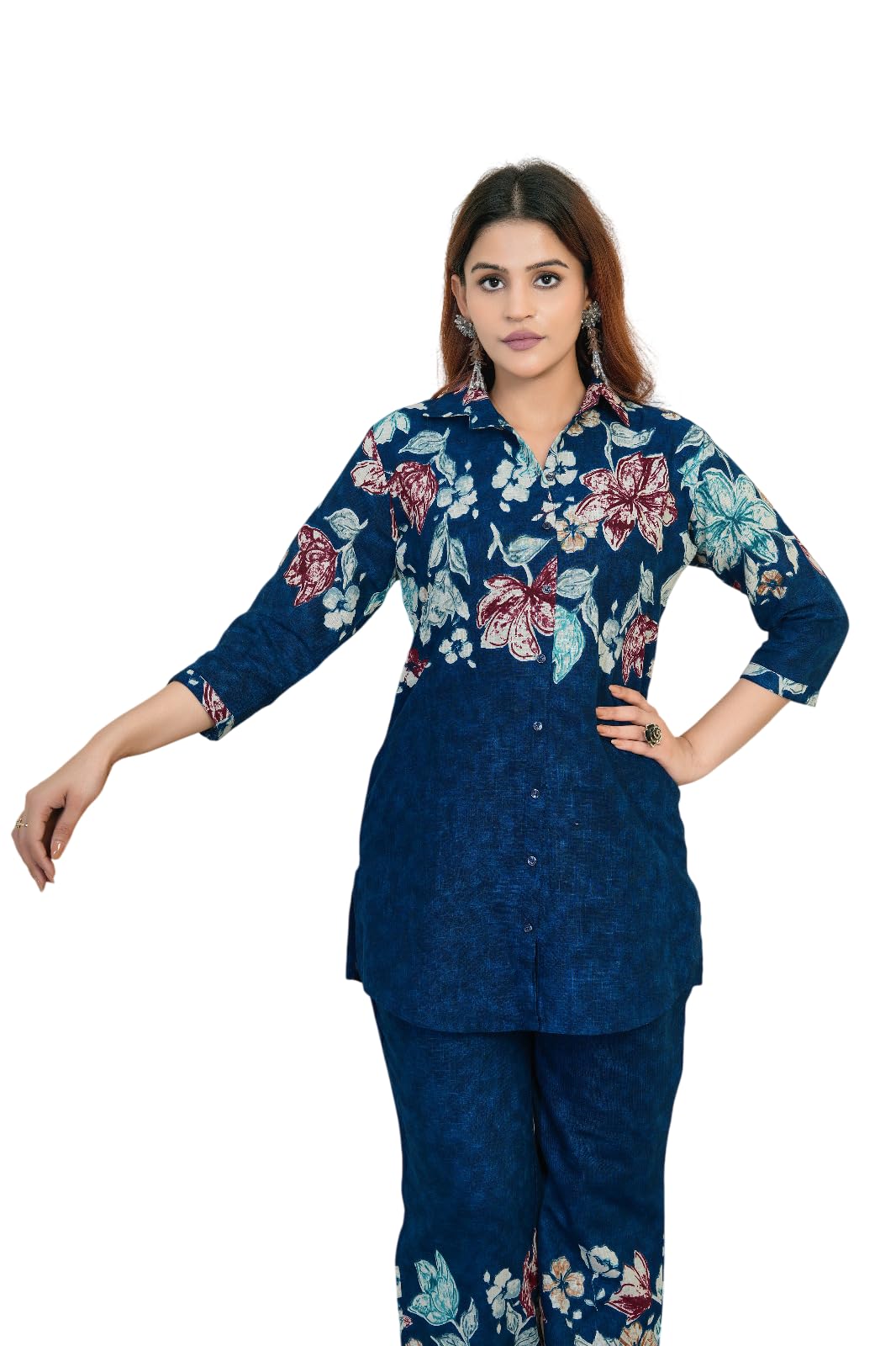Women's Black Floral Printed Cotton Co-Ord Set with Shirt Top & Pant, Casual Two Piece Matching Outfit for Women-picture-31